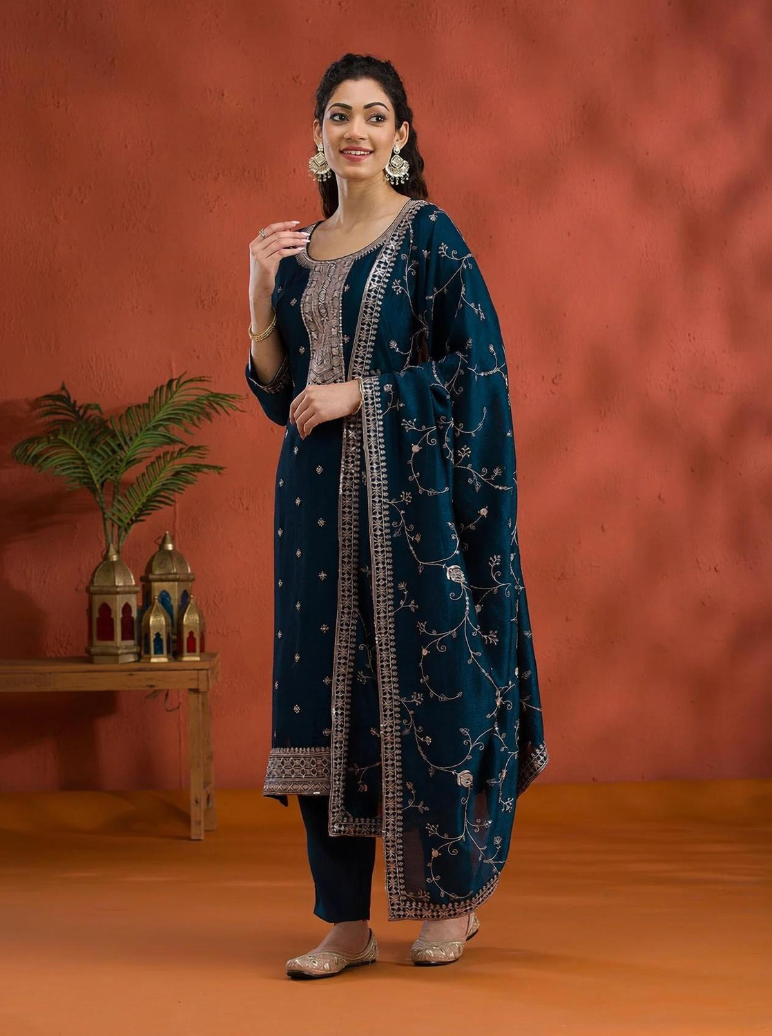 Image of CLAVINET Embroidered Kurta, Trouser /Pant & Dupatta Set