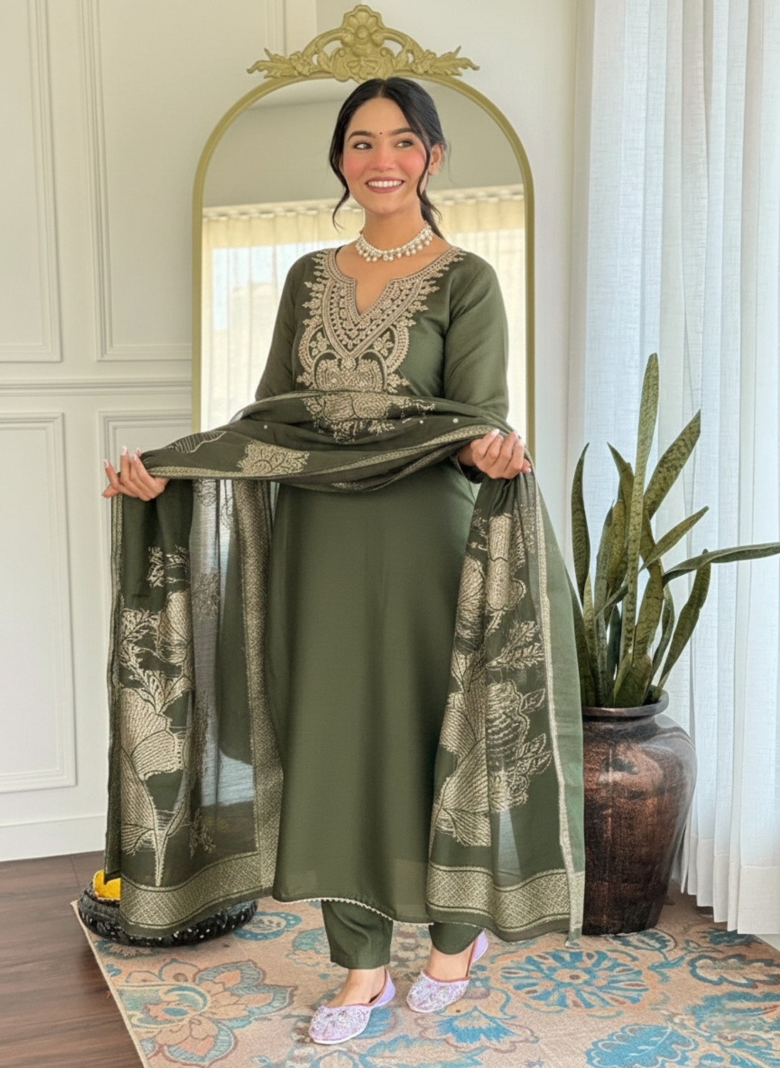 Image of SHYAM BANSI Embroidered Kurta, Trouser /Pant & Dupatta Set