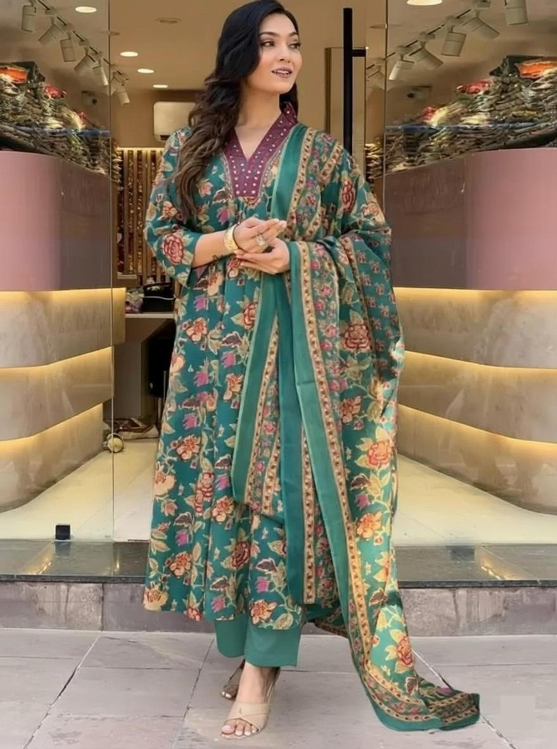 Image of Aimca Printed Anarkali Kurta, Bottom & Dupatta Set