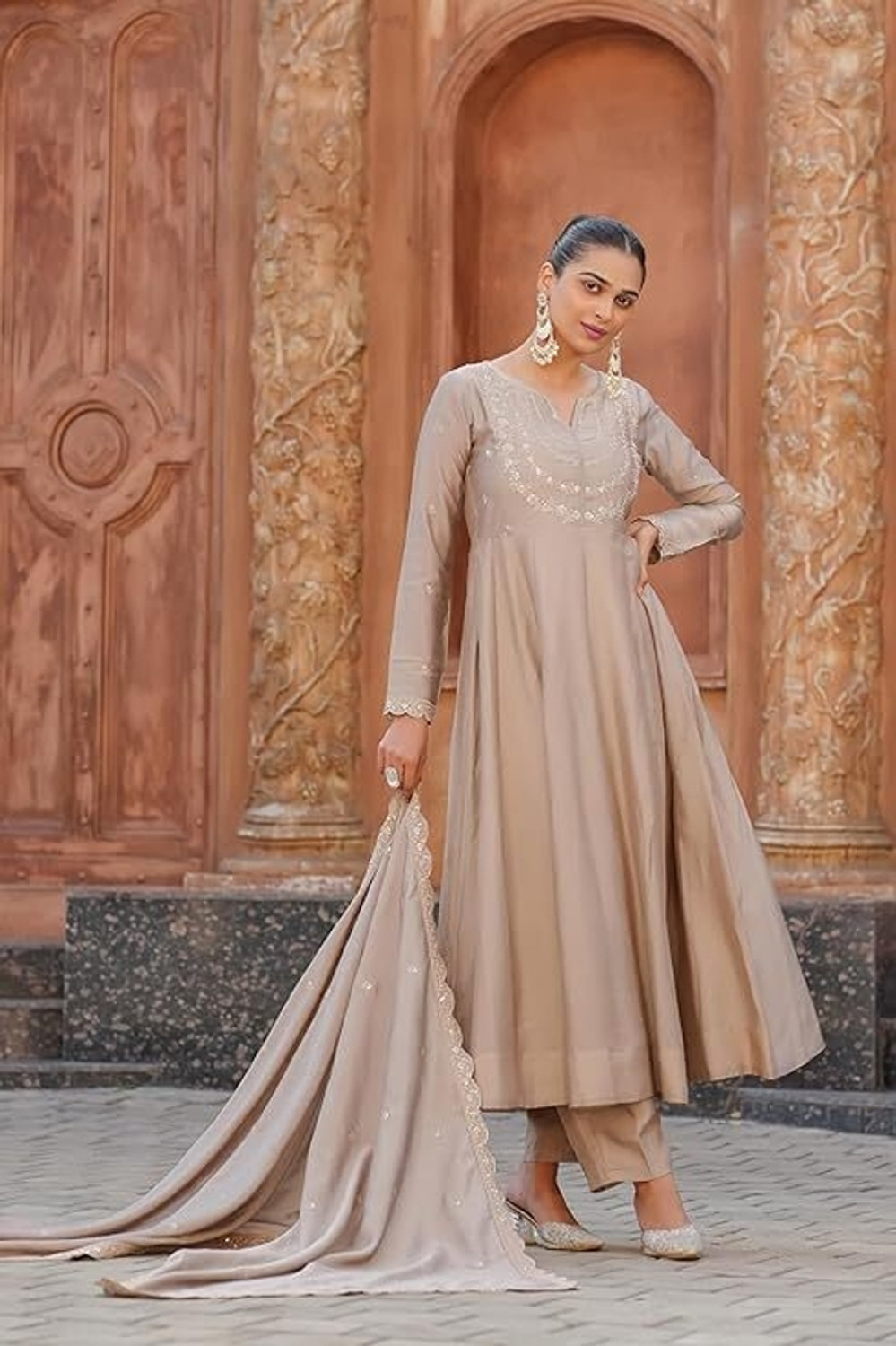 Image of ARVILAS Embroidered Anarkali Kurta, Bottom & Dupatta Set