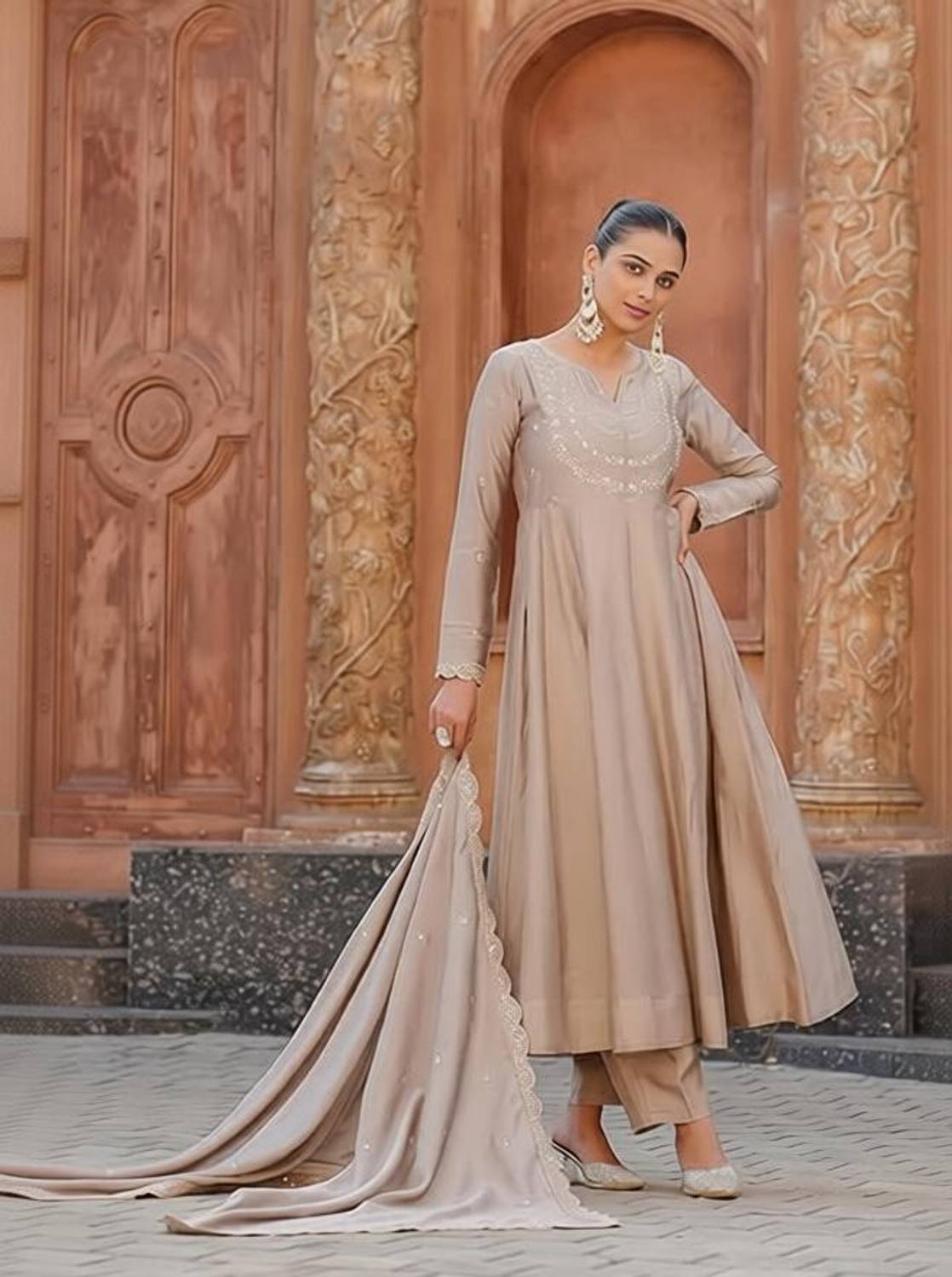 ARVILAS Embroidered Anarkali Kurta, Bottom & Dupatta Set