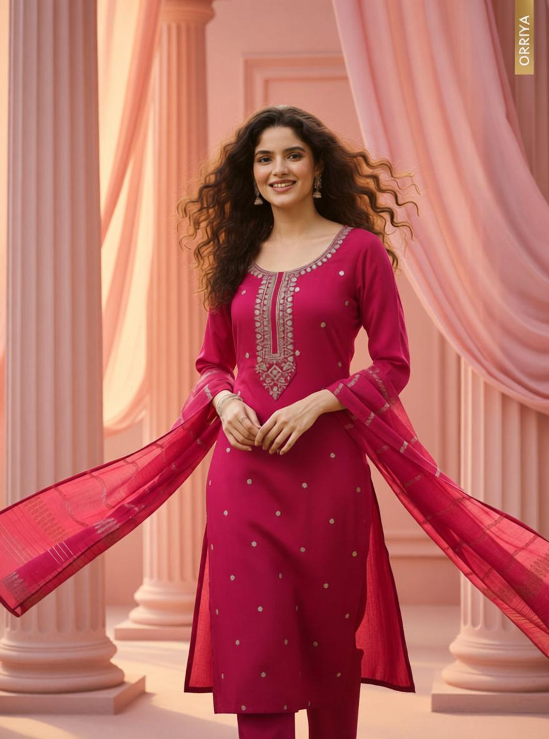 Image of ORRIYA Embroidered Kurta, Trouser /Pant & Dupatta Set