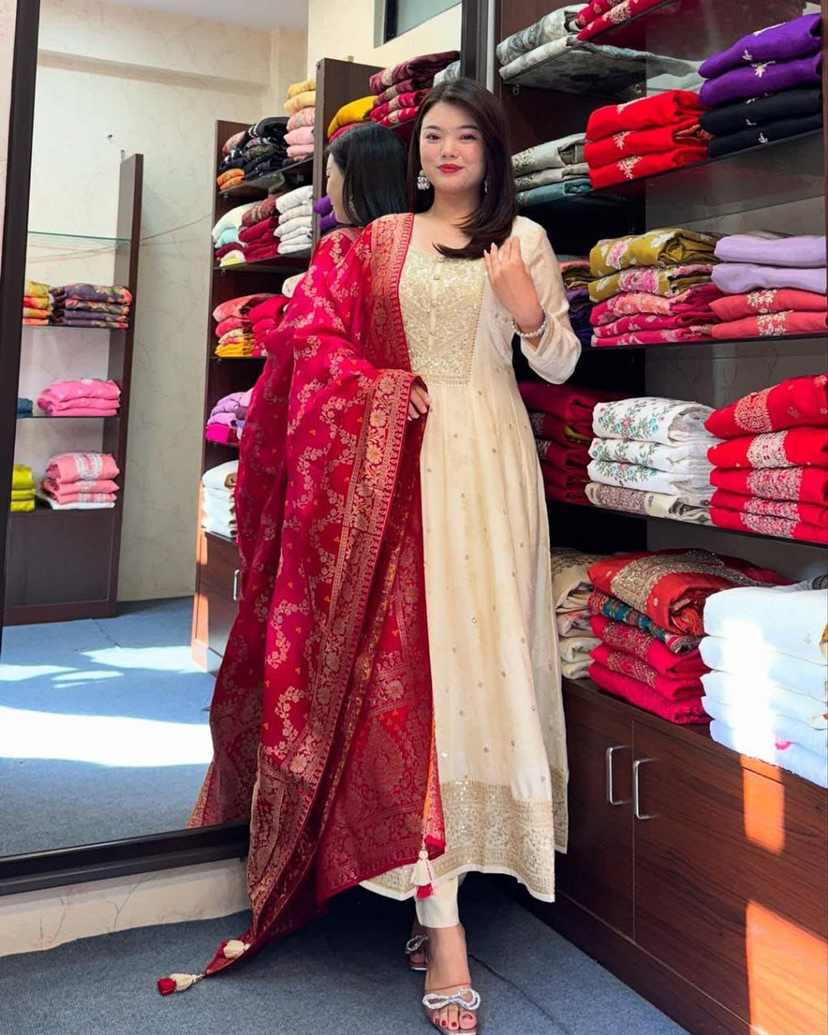 Image of Precia Printed Anarkali Kurta, Bottom & Dupatta Set