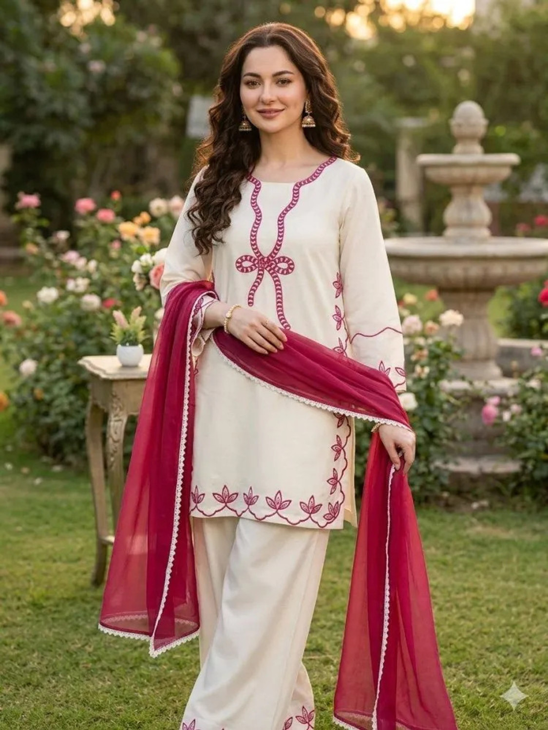Image of Wtune Embroidered Kurta, Palazzo & Dupatta Set