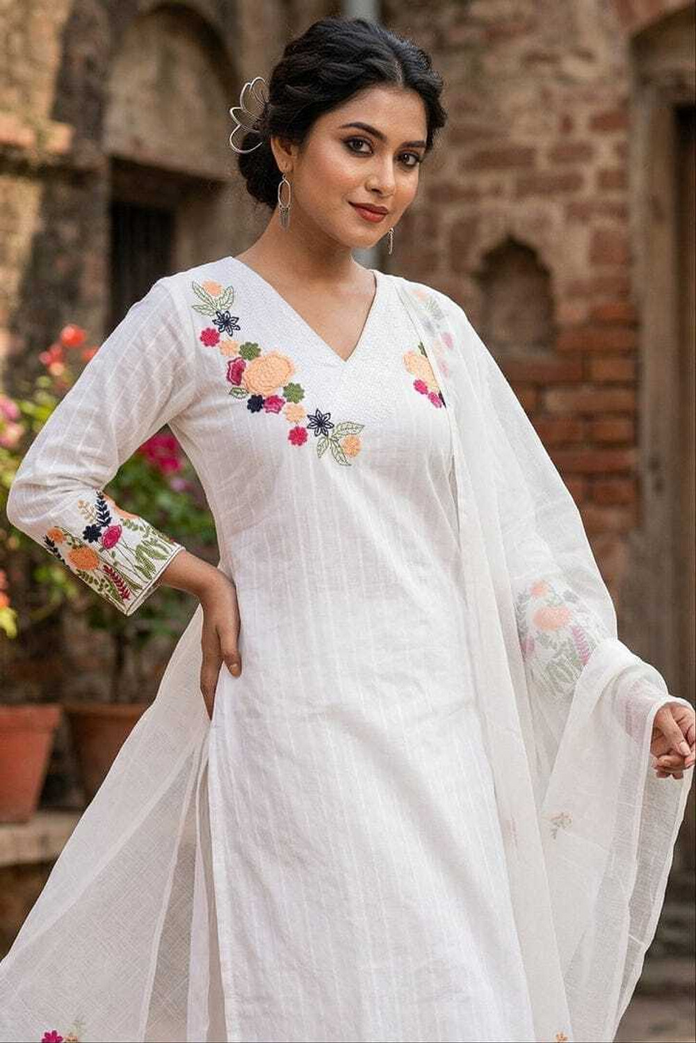 Image of AMBEYMAA PRINTS Embroidered Kurta, Churidar & Dupatta Set