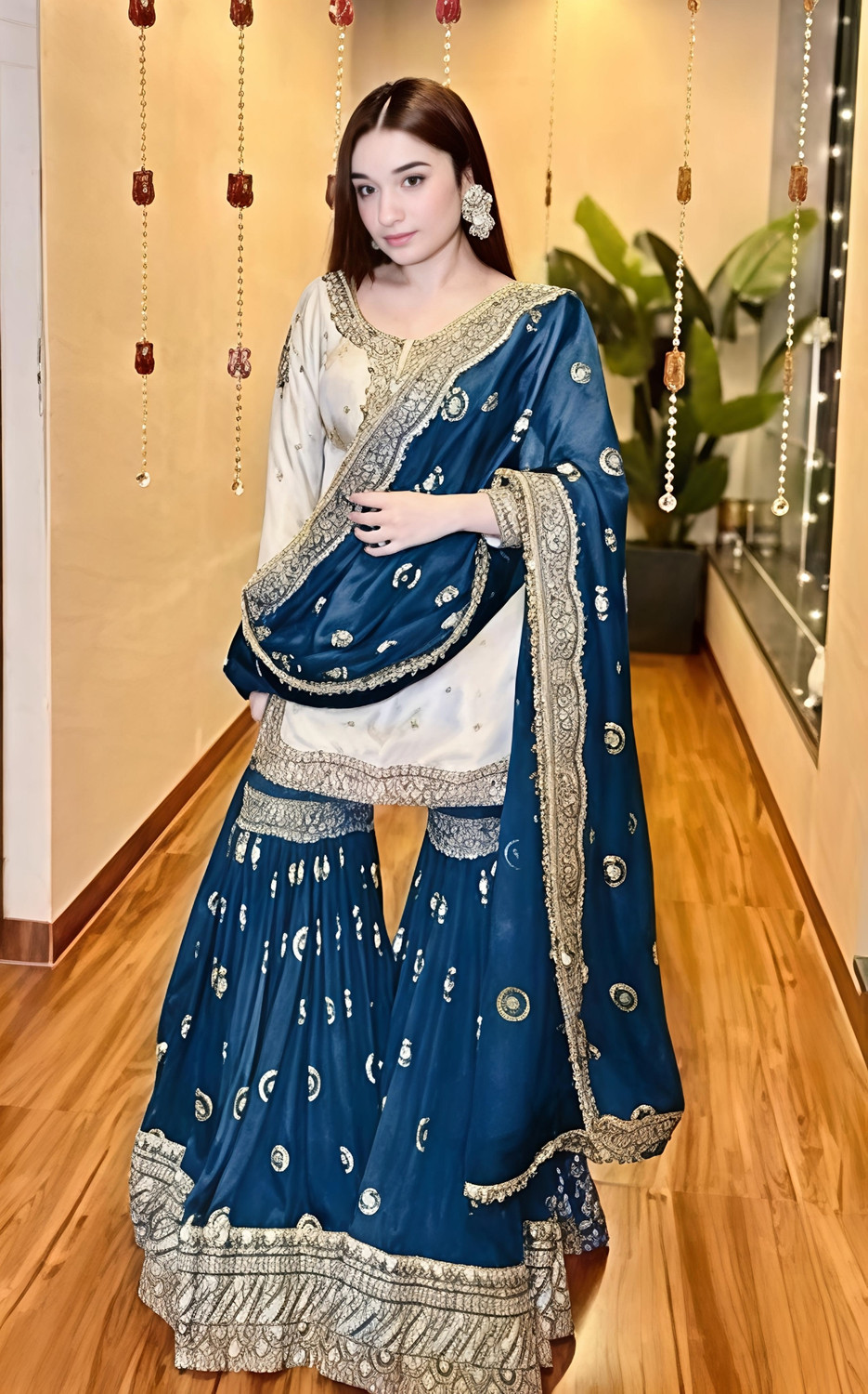Image of SINCERO Embroidered Kurta, Sharara & Dupatta Set
