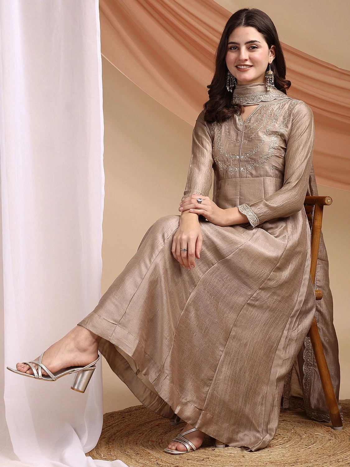Image of OMICRON FAB Embroidered Anarkali Kurta, Bottom & Dupatta Set