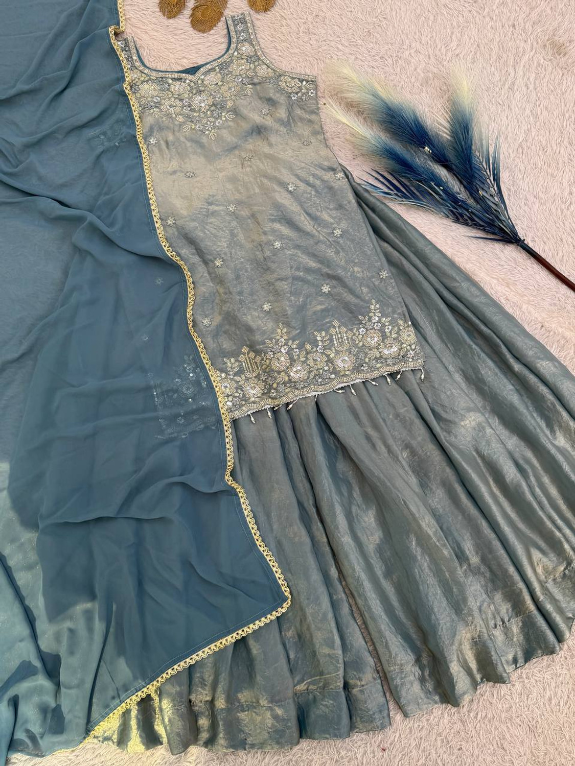 Image of BYRI Embroidered Kurta, Sharara & Dupatta Set