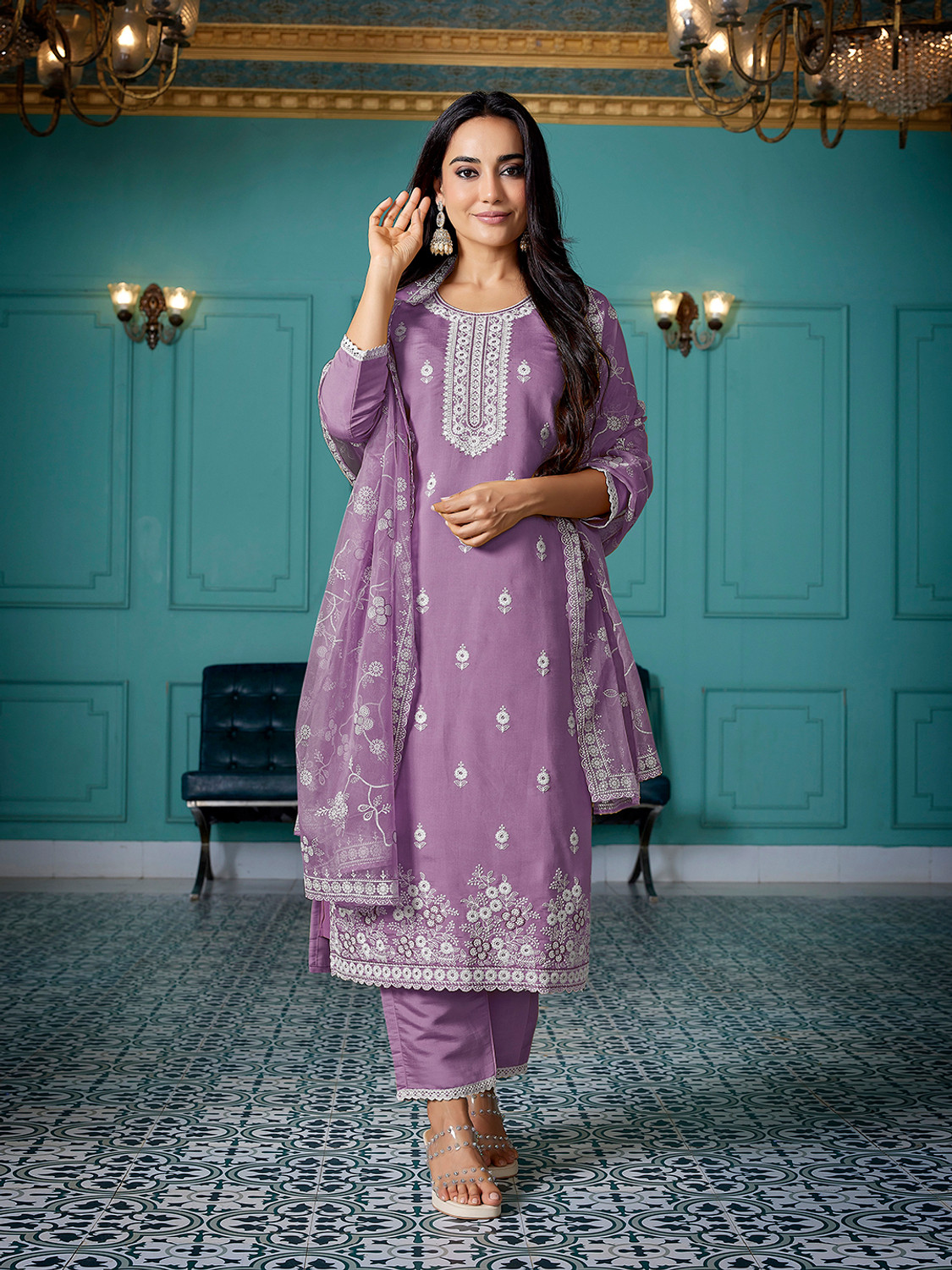 Image of Tasrika Embroidered Kurta, Trouser /Pant & Dupatta Set