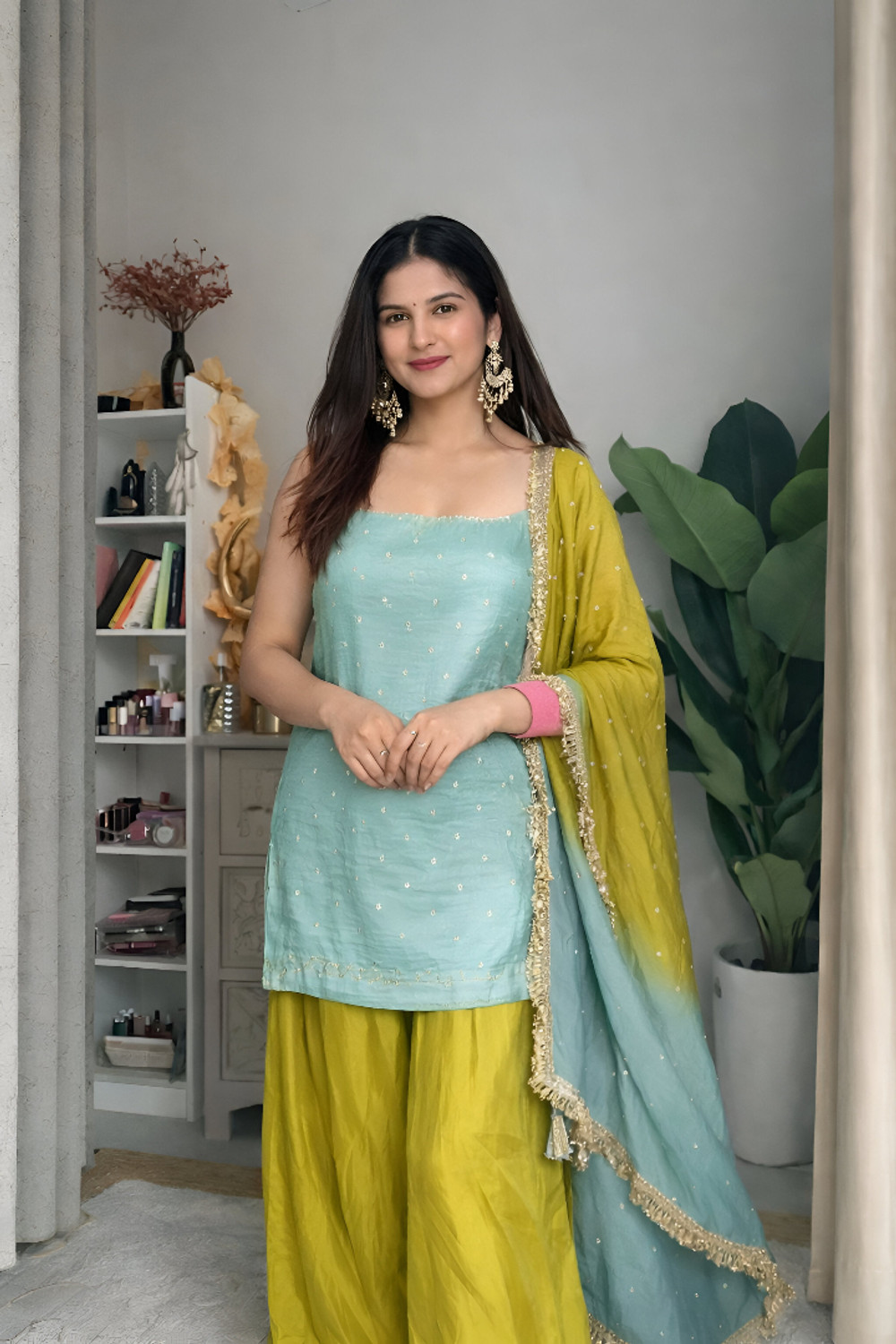 Image of ELIINDRA Embroidered Kurta, Palazzo & Dupatta Set