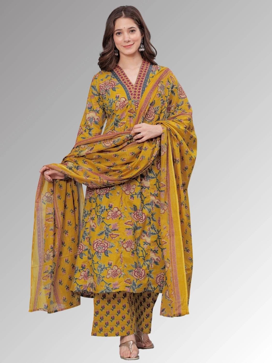 ANSAYA Printed Anarkali Kurta, Bottom & Dupatta Set