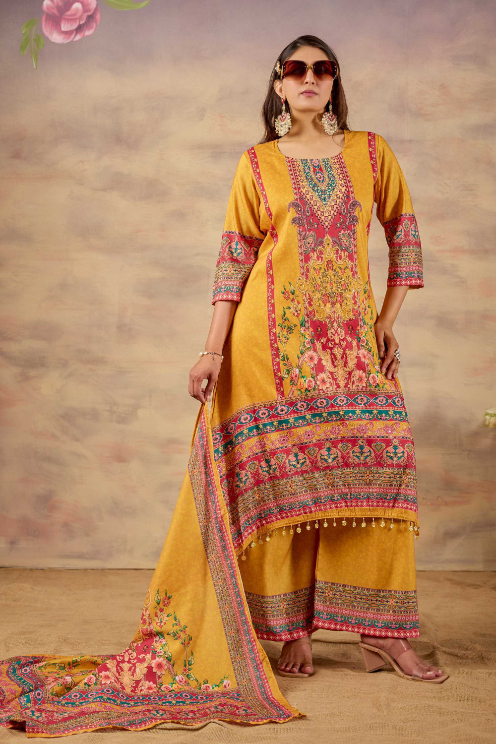 Image of bindudi Embroidered Kurta, Palazzo & Dupatta Set