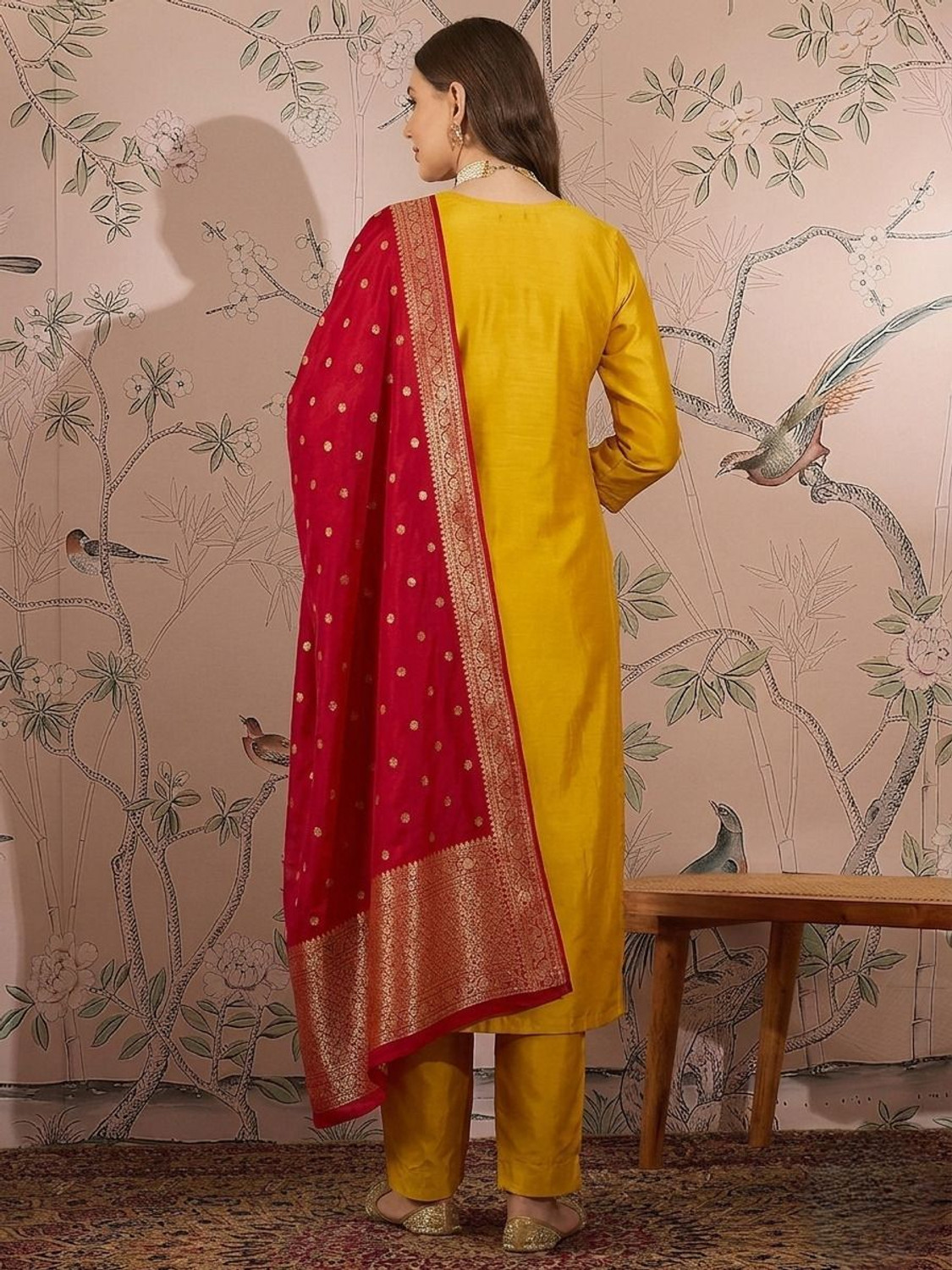 Image of TheMutedThreads Sunshine Yellow Embroidered Kurta Pant Set Pink Dupatta for Women Embroidered Kurta, Trouser /Pant & Dupatta Set