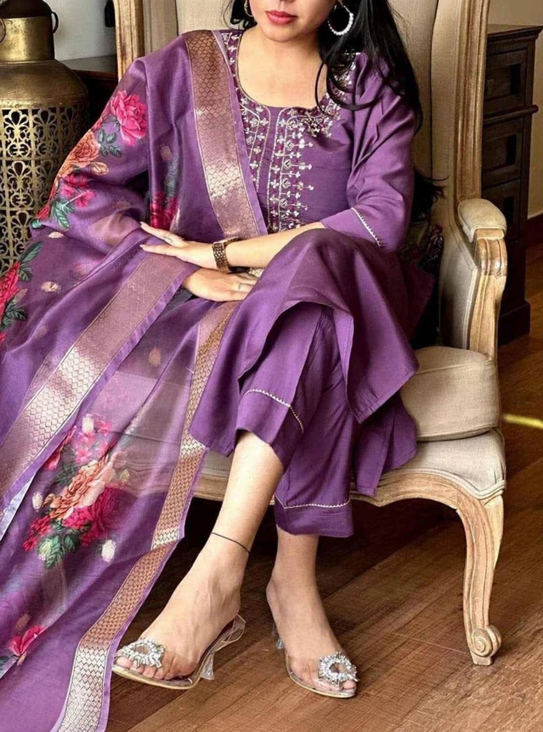 AALO FASHIONS Embroidered Anarkali Kurta, Bottom & Dupatta Set