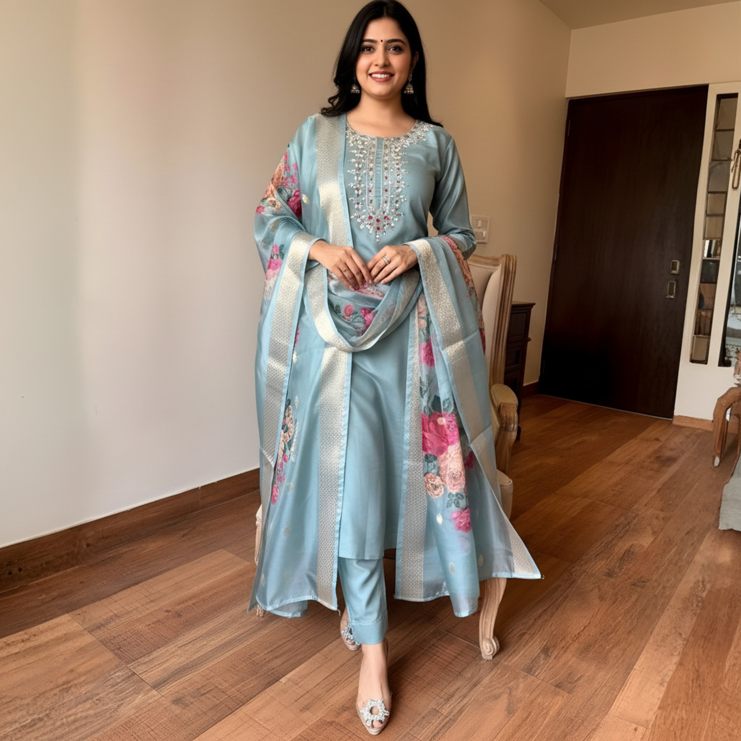 Image of AESTHETIC ENTERPRISE Embroidered Kurta, Trouser /Pant & Dupatta Set