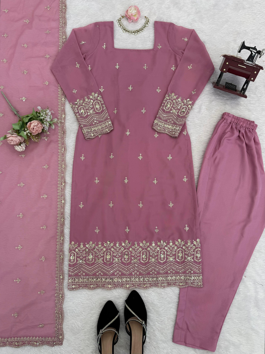 Image of SareeWeb Embroidered Kurta, Trouser /Pant & Dupatta Set