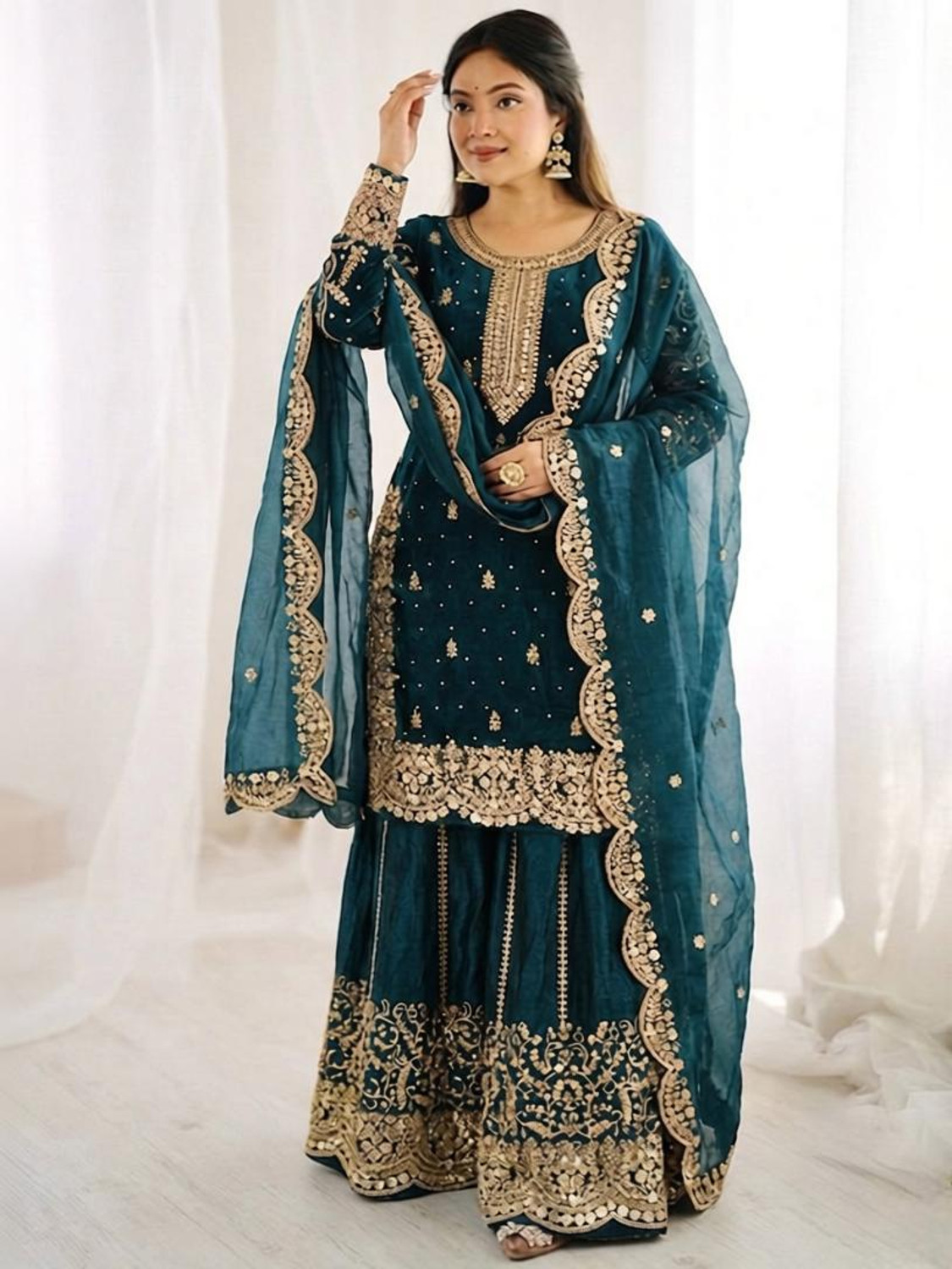 i kodal Embroidered Kurta, Palazzo & Dupatta Set