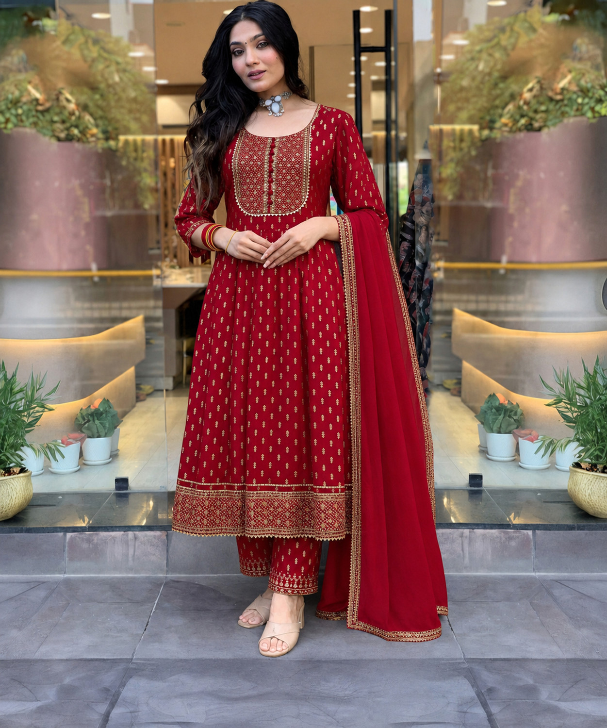 Image of Queens Fab Printed, Embroidered Anarkali Kurta, Bottom & Dupatta Set