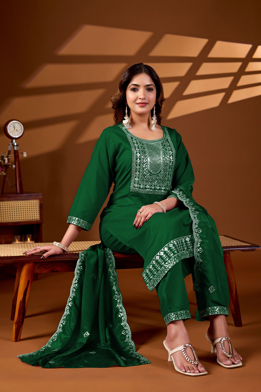 Image of DHARM CREATIONS Embroidered Kurta, Trouser /Pant & Dupatta Set
