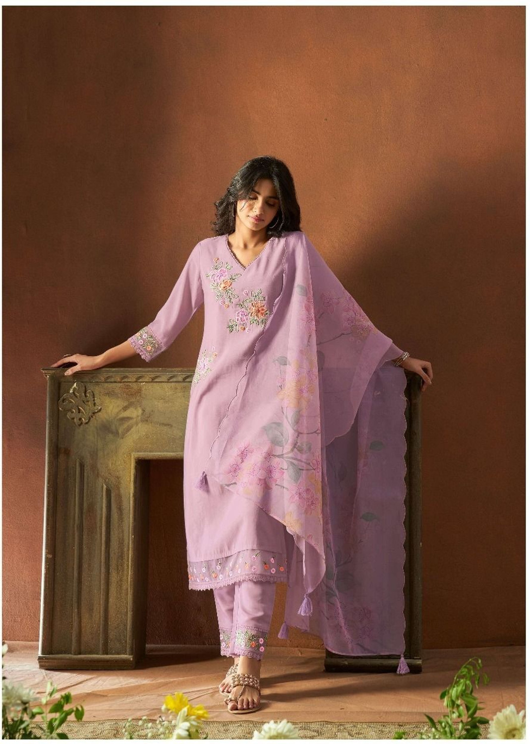 Image of KALKI COLLECTION Embroidered Kurta, Trouser /Pant & Dupatta Set