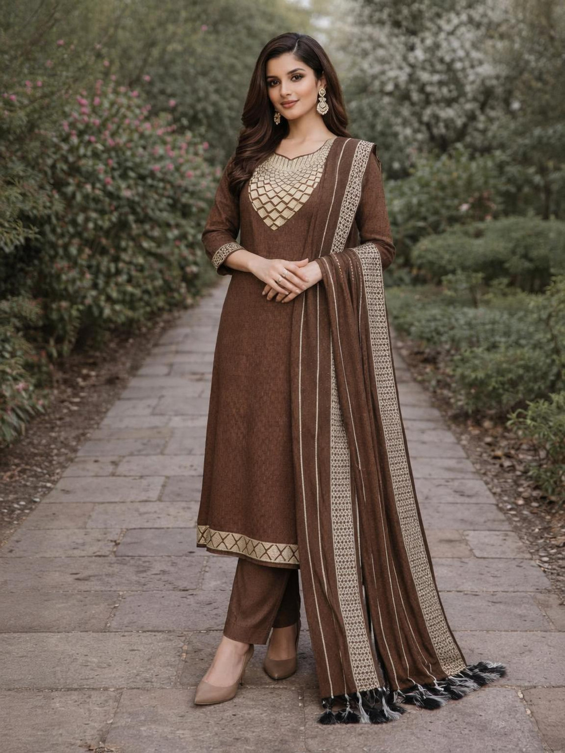 Image of M I TEXTILE Embroidered Kurta, Trouser /Pant & Dupatta Set