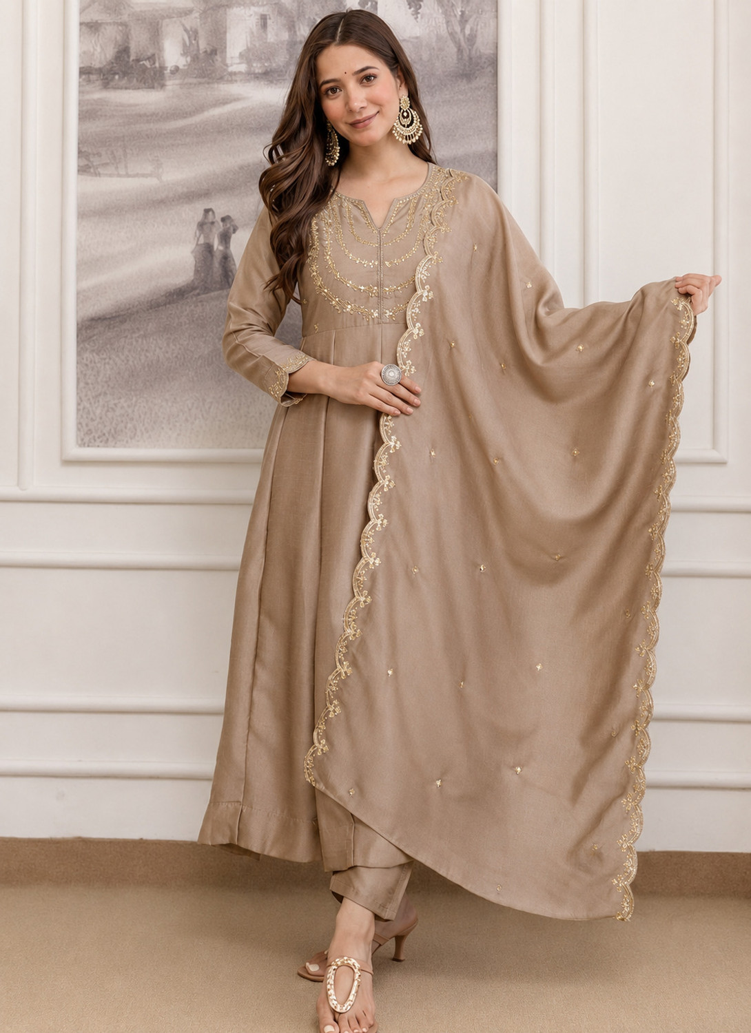 RUTABO Embroidered Anarkali Kurta, Bottom & Dupatta Set