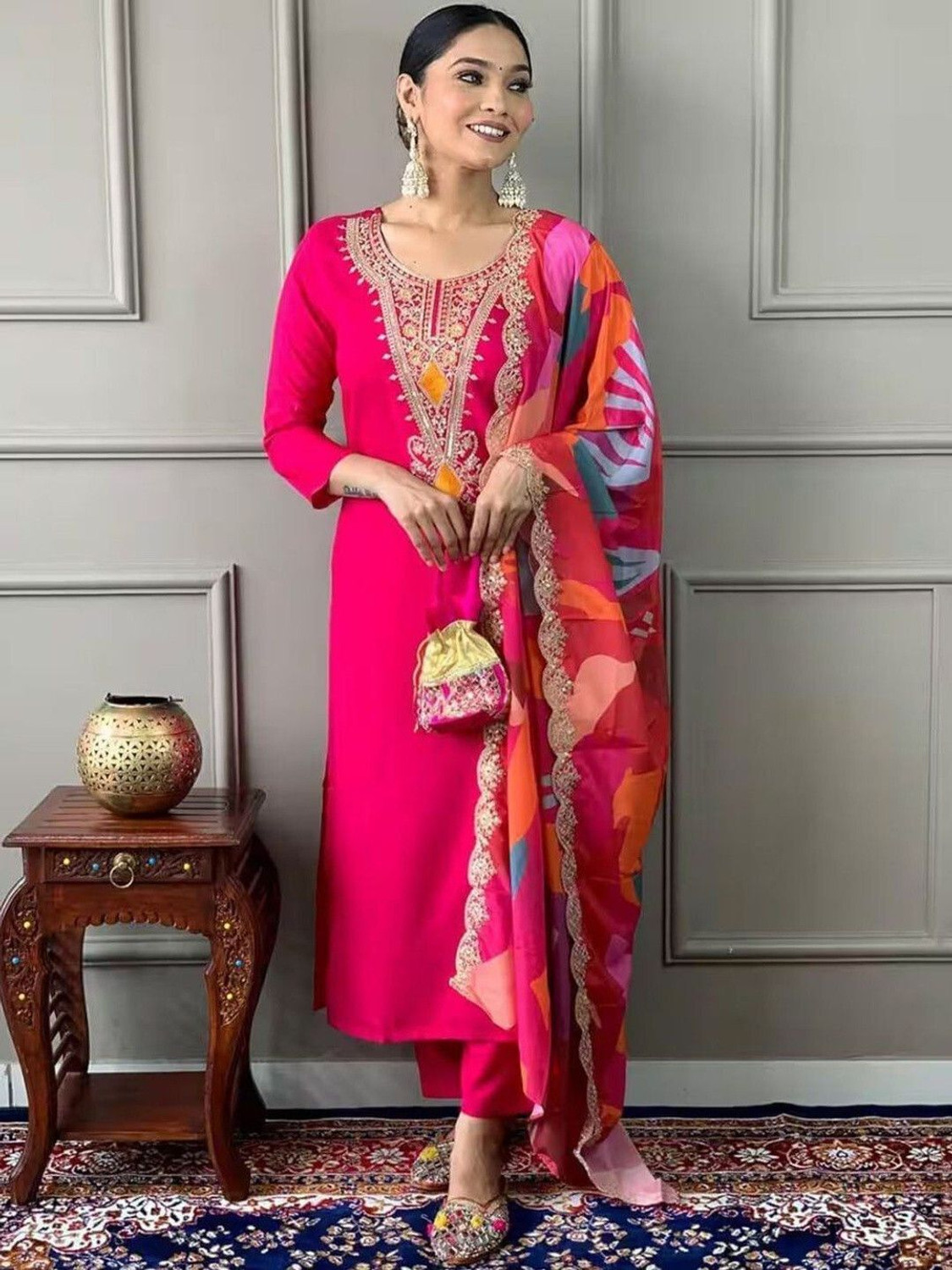 Image of KevalyaFashion Embroidered Kurta, Trouser /Pant & Dupatta Set