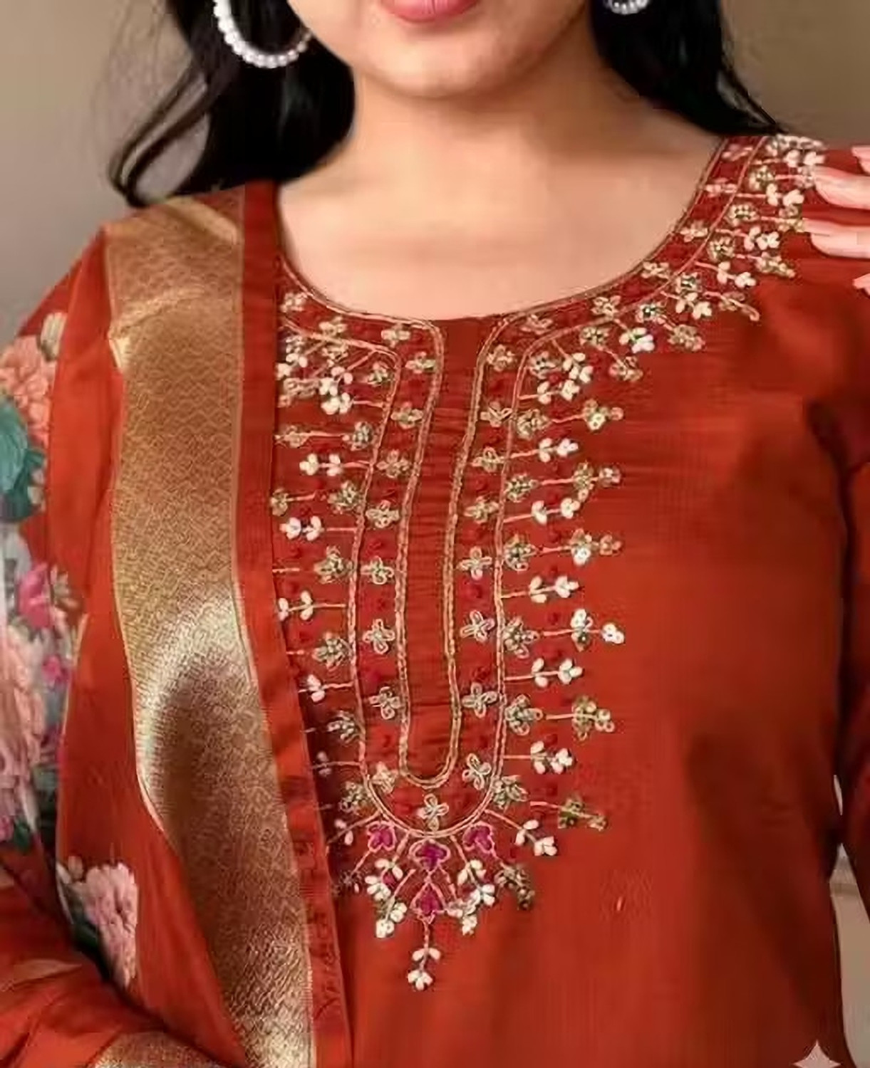 Image of KAPDEWALA Embroidered Kurta, Churidar & Dupatta Set