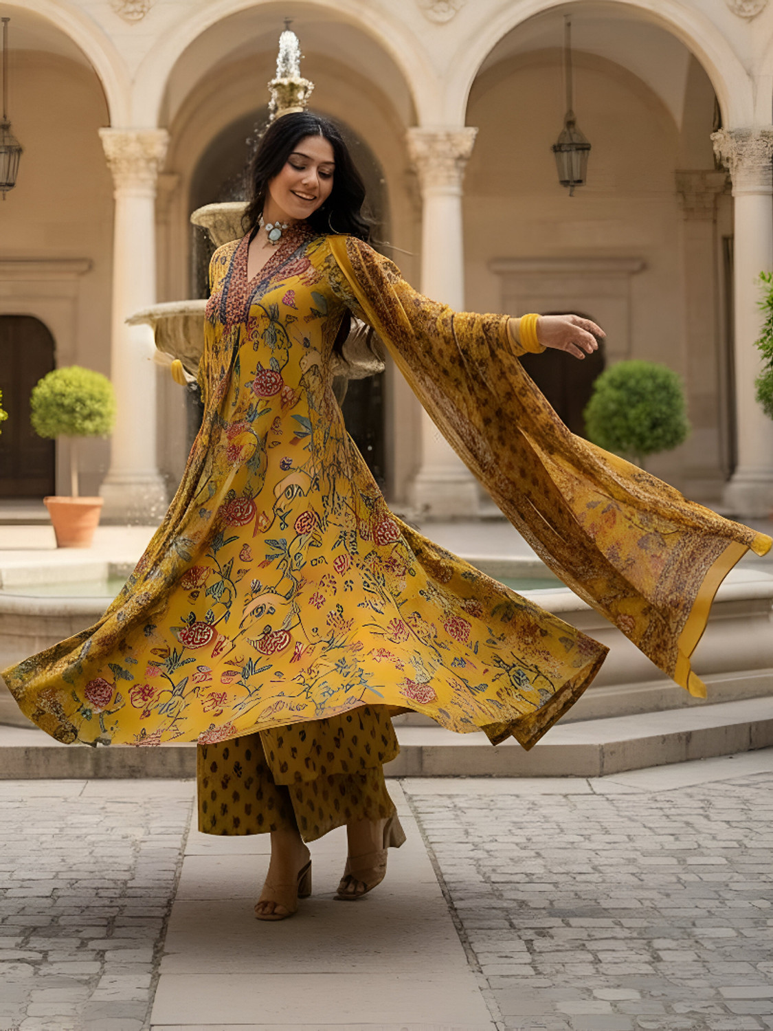 Image of BAMSOM WEAR Embroidered Kurta, Palazzo & Dupatta Set