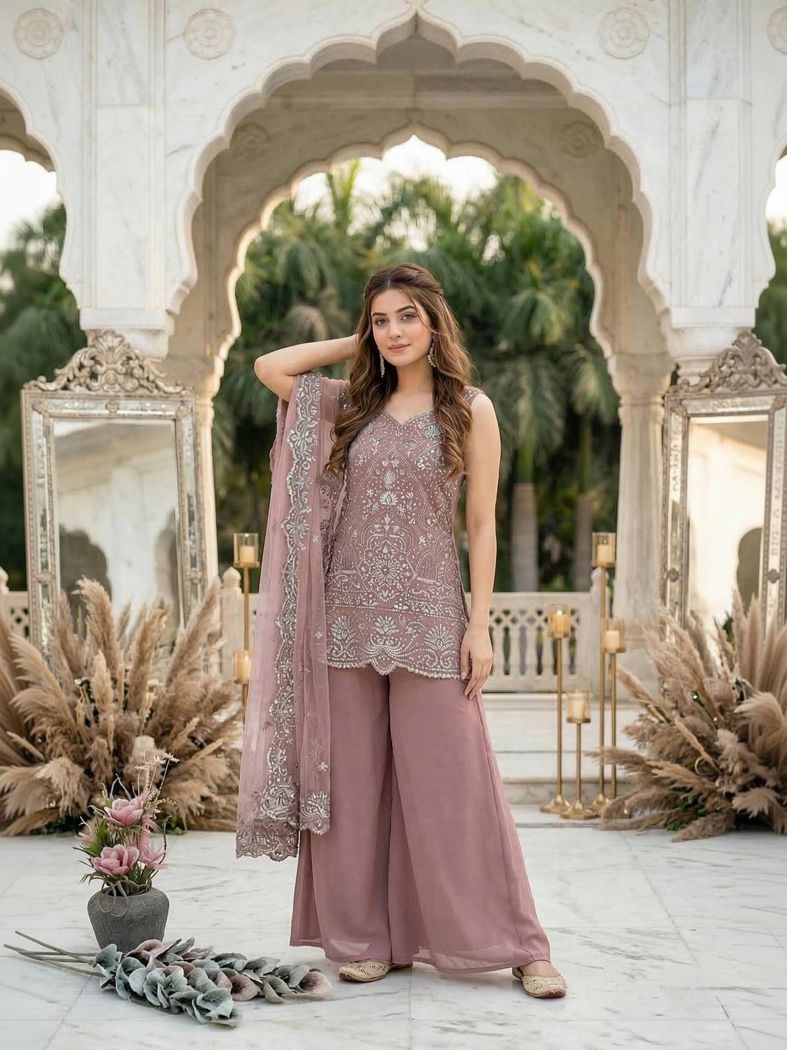 BYRI Embroidered Kurta, Palazzo & Dupatta Set