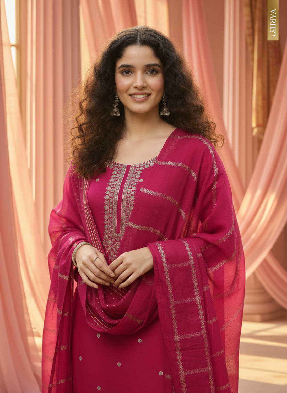 Image of ORRIYA Embroidered Kurta, Trouser /Pant & Dupatta Set