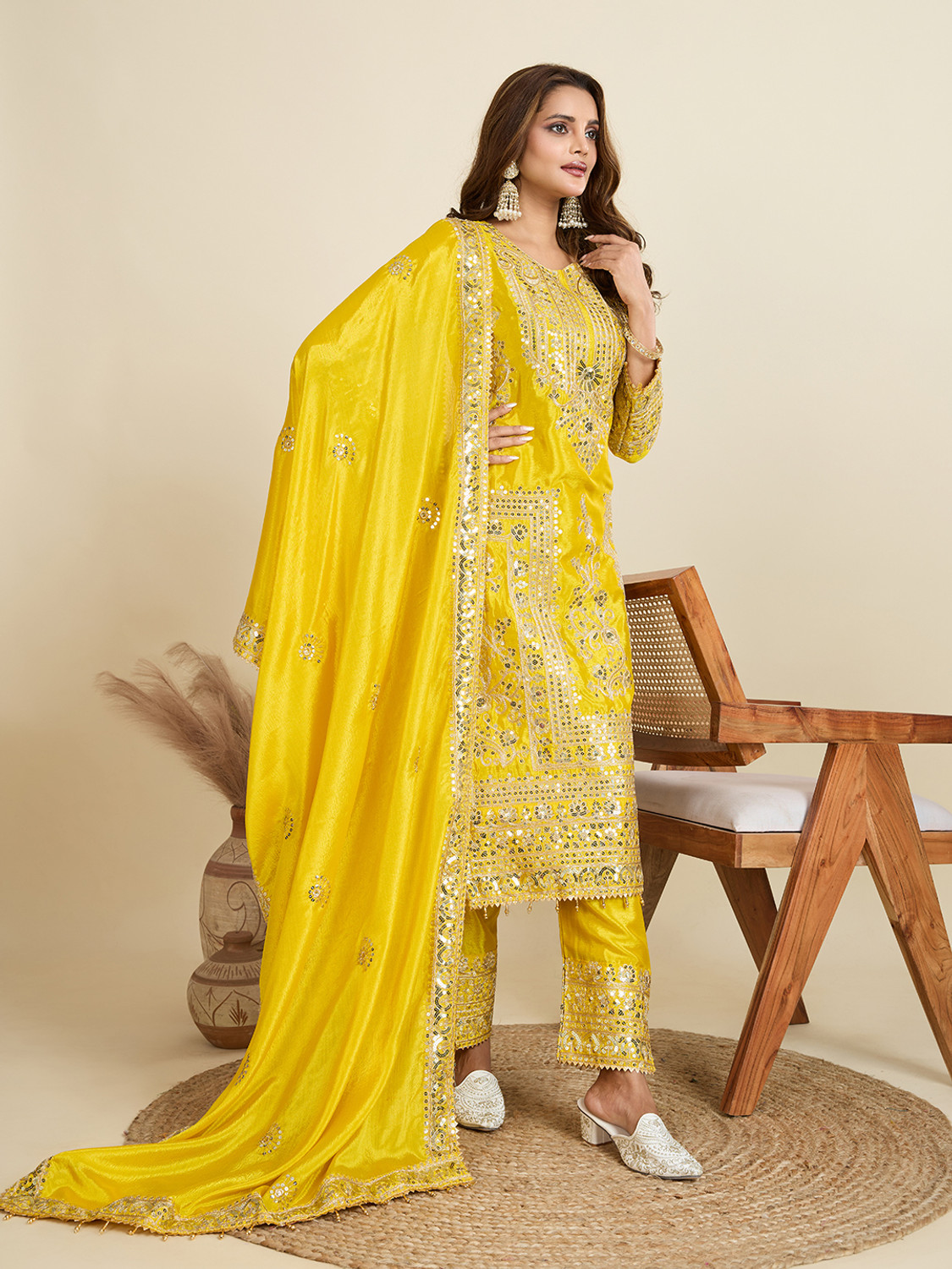 Image of AMALAK Embroidered Kurta, Trouser /Pant & Dupatta Set