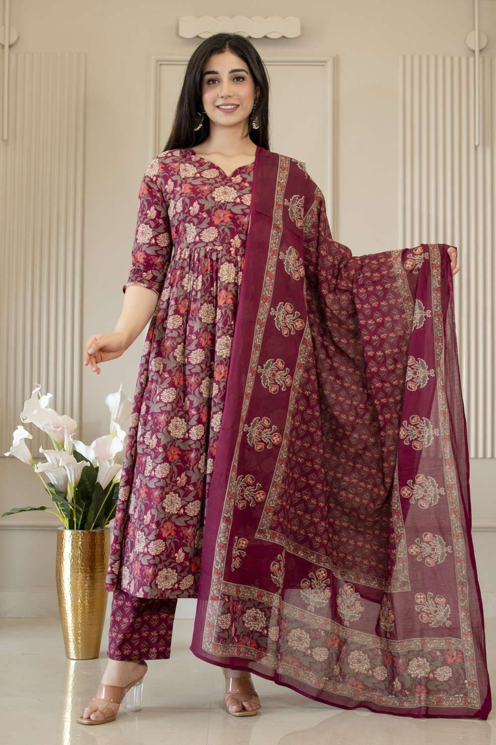 Image of KIMATERNITY Floral Print Kurta, Trouser /Pant & Dupatta Set