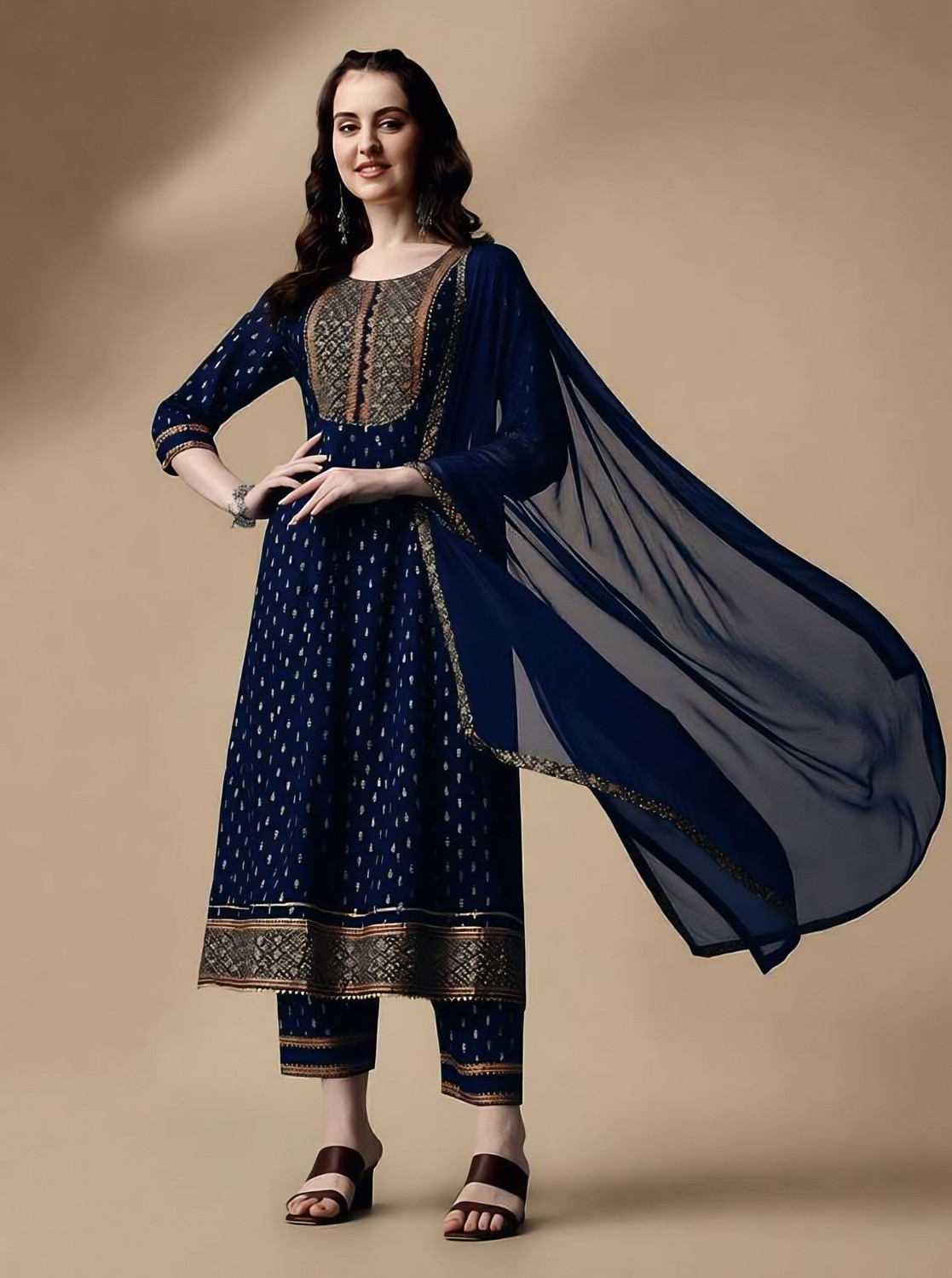 Image of Queens Fab Printed, Embroidered Anarkali Kurta, Bottom & Dupatta Set