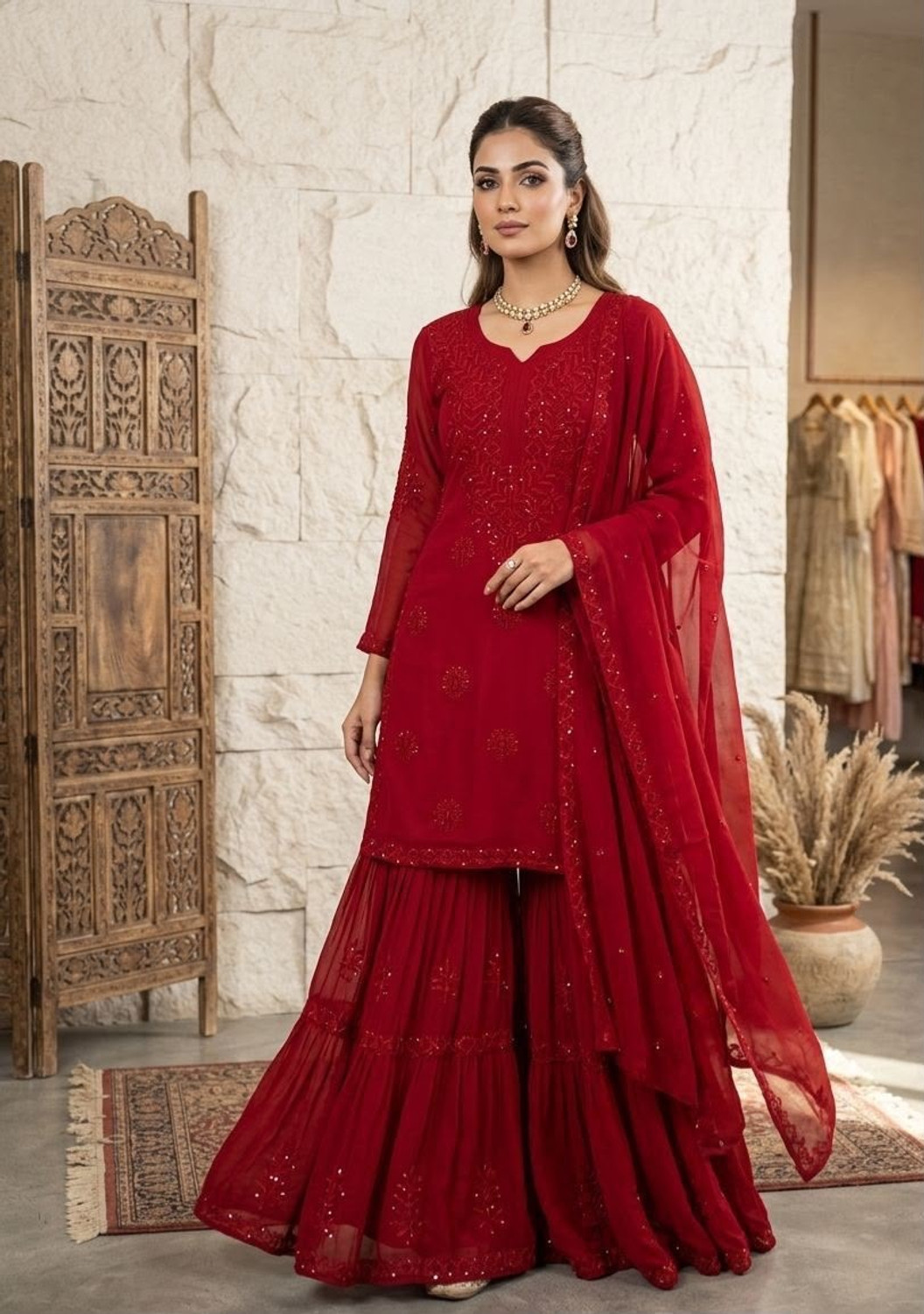 SareeWeb Embroidered, Printed Anarkali Kurta, Bottom & Dupatta Set