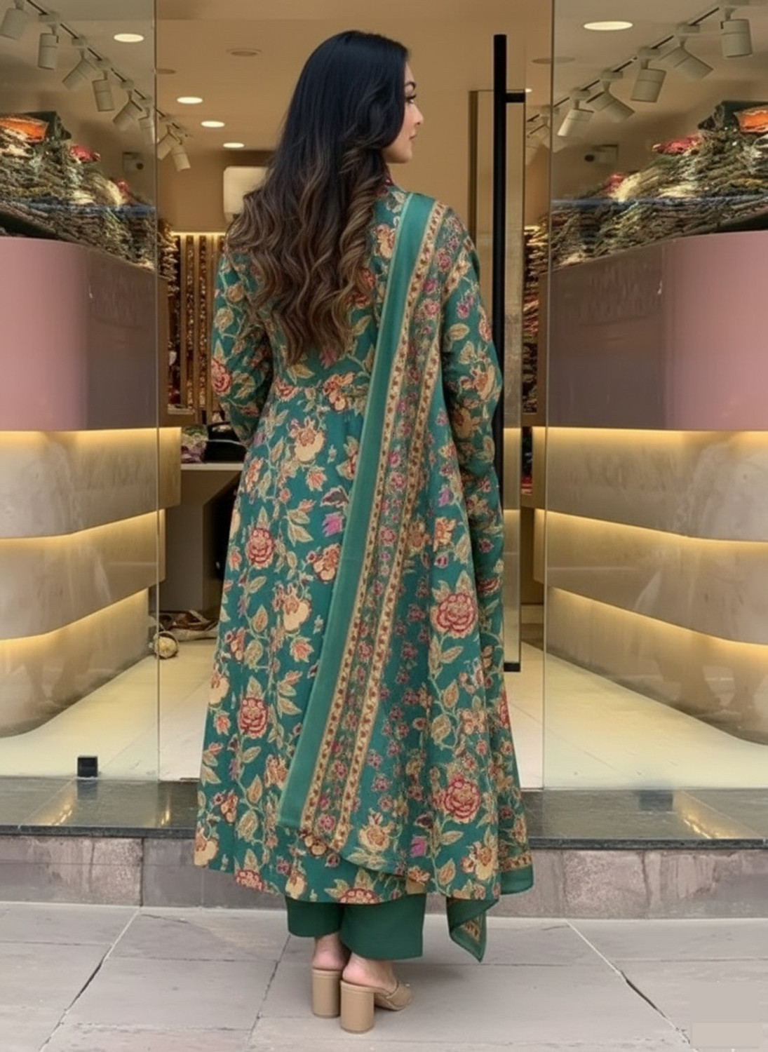 Image of Aimca Printed Anarkali Kurta, Bottom & Dupatta Set