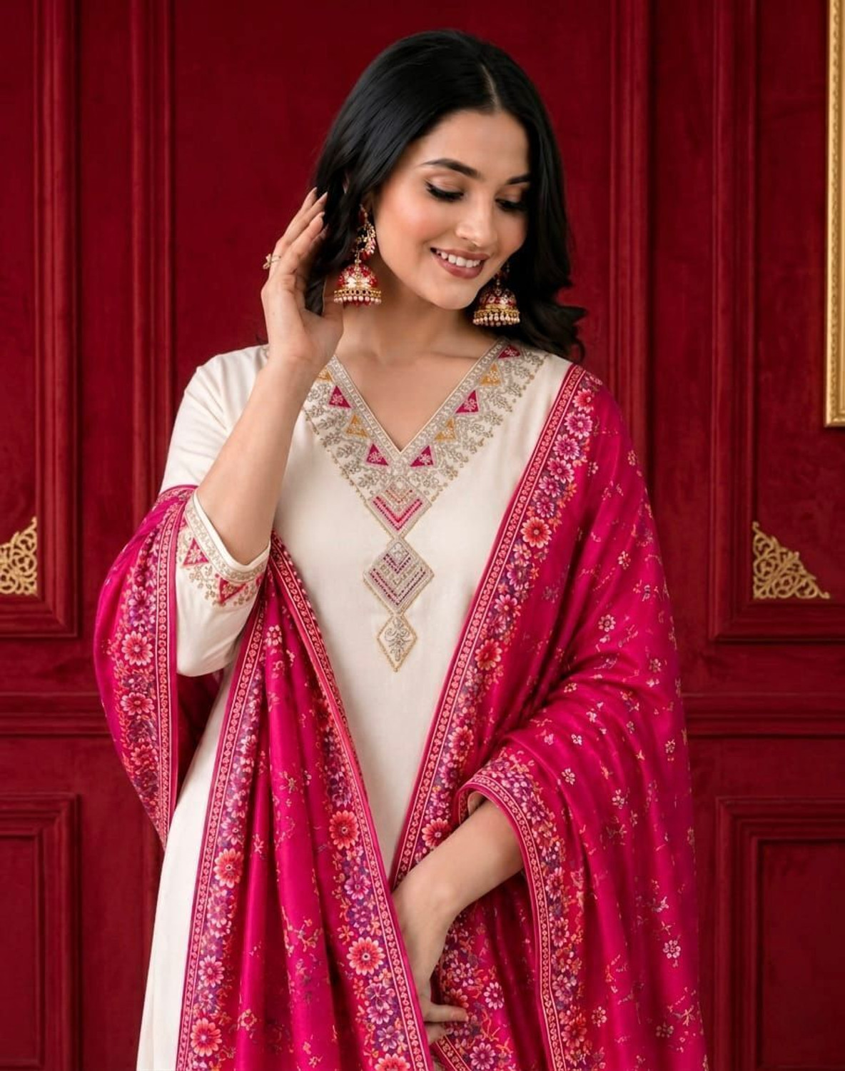 Image of aalo fashoin Embroidered Kurta, Trouser /Pant & Dupatta Set