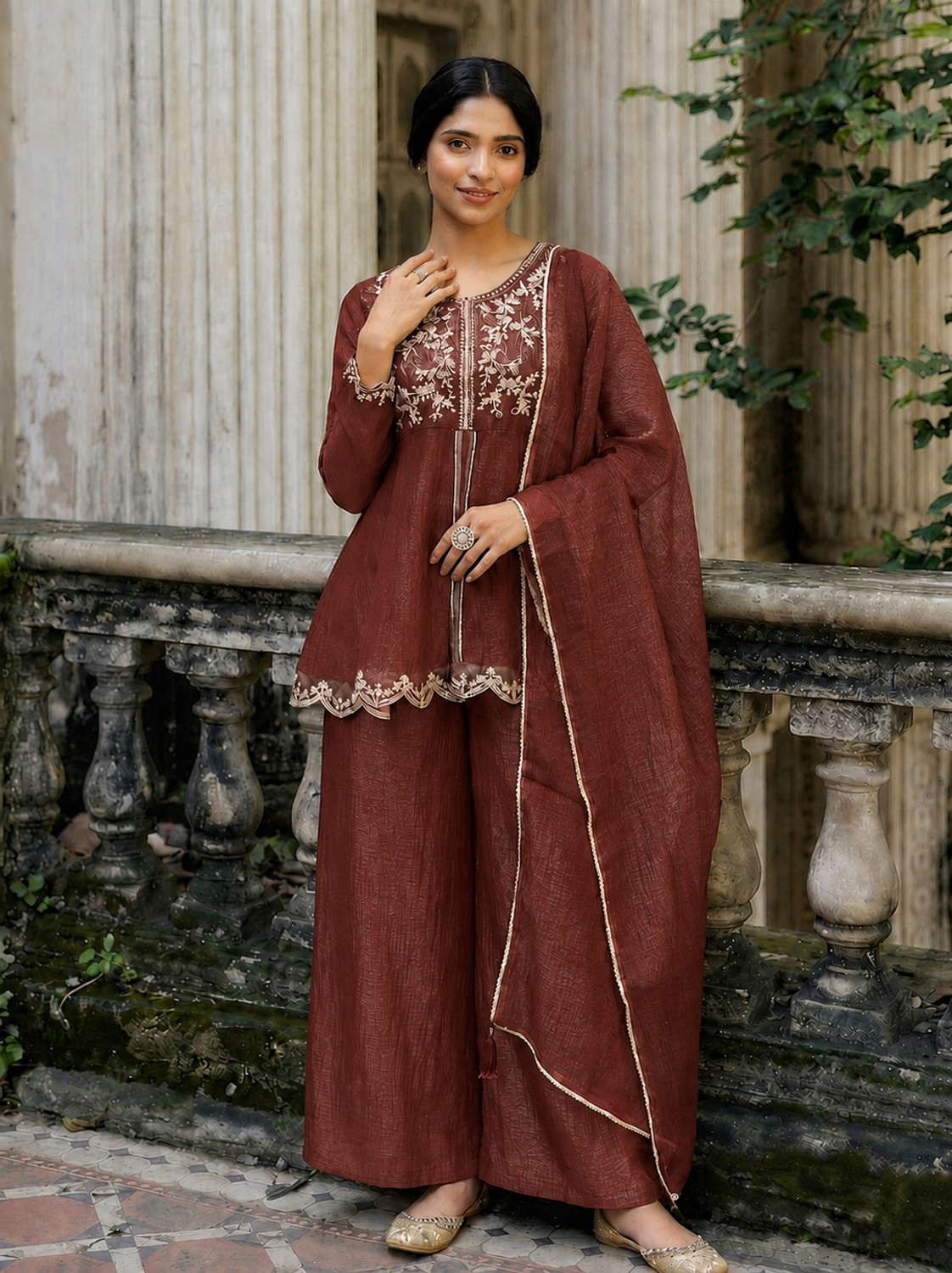 Image of RUTABO Embroidered Kurta, Palazzo & Dupatta Set