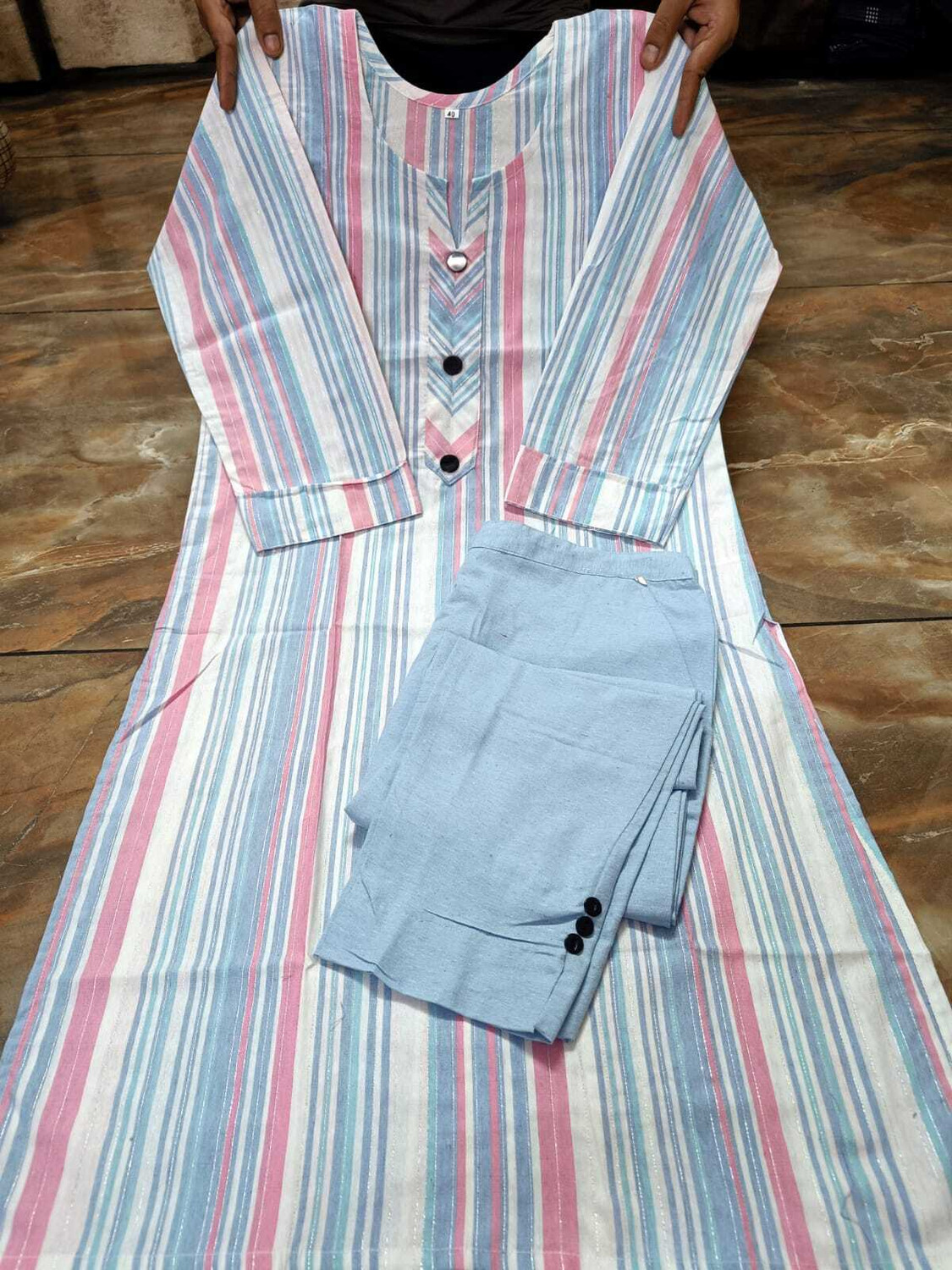 Image of BUSHI Striped Kurta, Trouser /Pant & Dupatta Set