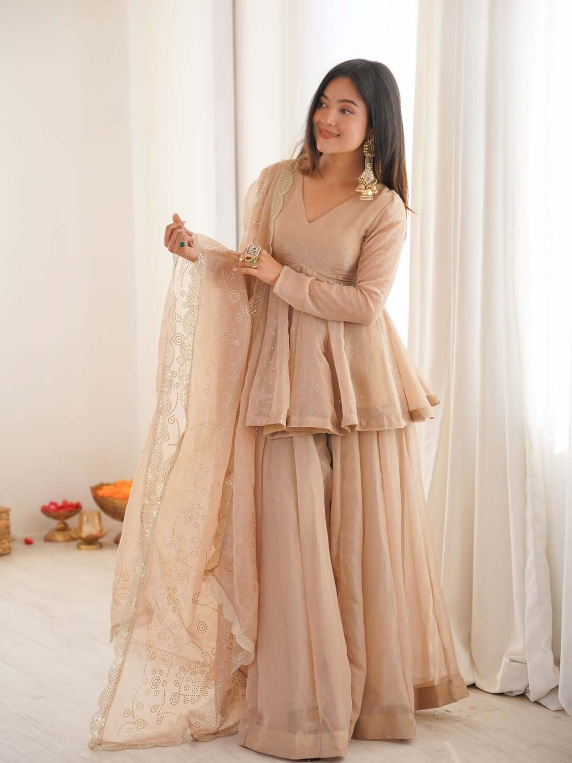 Image of CORNECORCREATION Embellished Kurta, Sharara & Dupatta Set