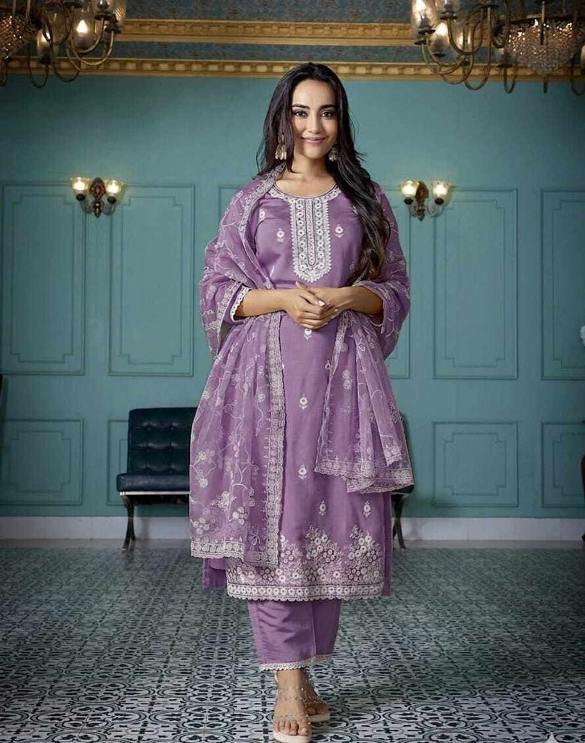 Image of CLAVINET Embroidered Kurta, Trouser /Pant & Dupatta Set