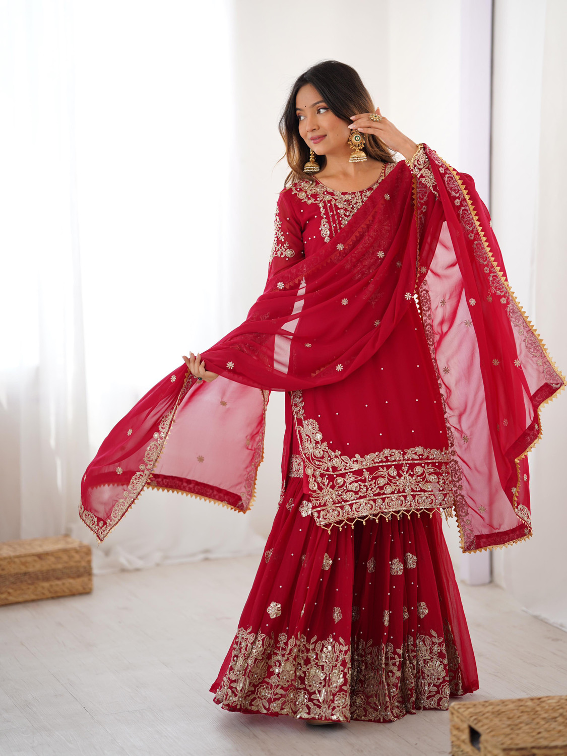 Image of Hevienterprise Embroidered Kurta, Sharara & Dupatta Set