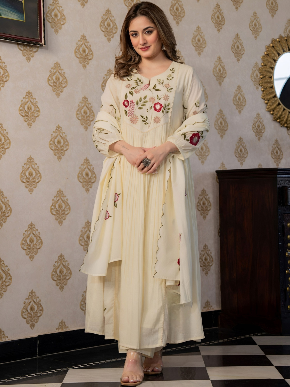Image of Sulavra Embroidered Kurta, Trouser /Pant & Dupatta Set