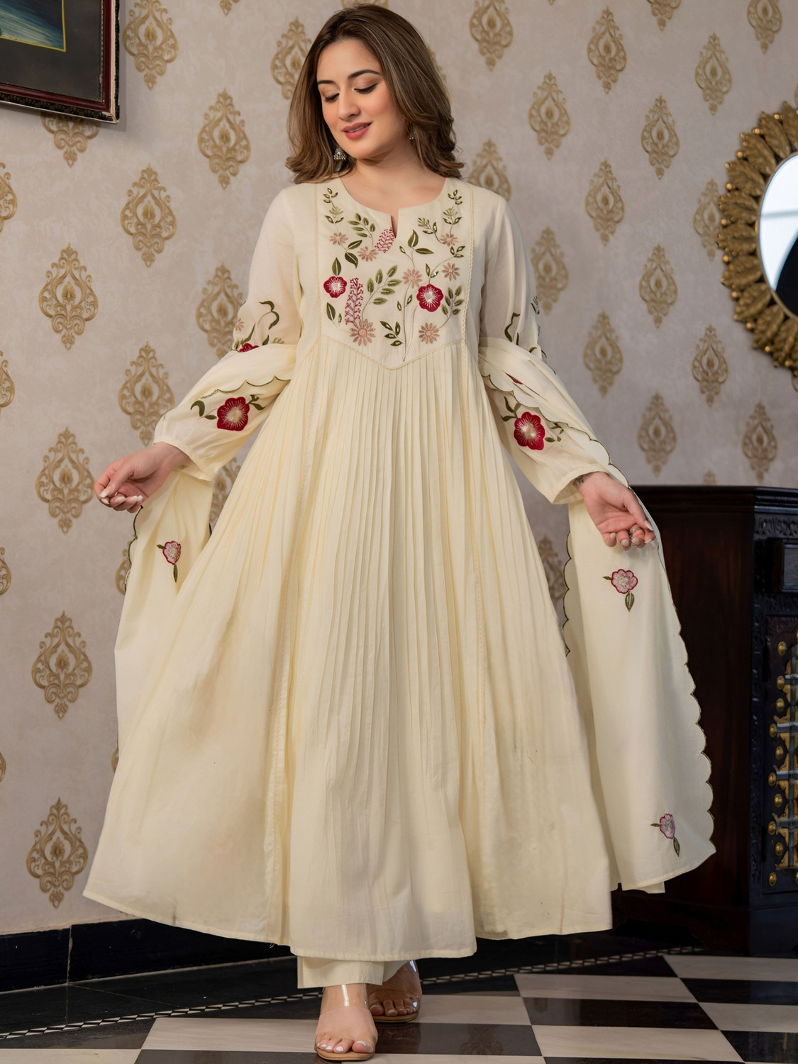 Image of Sulavra Embroidered Kurta, Trouser /Pant & Dupatta Set