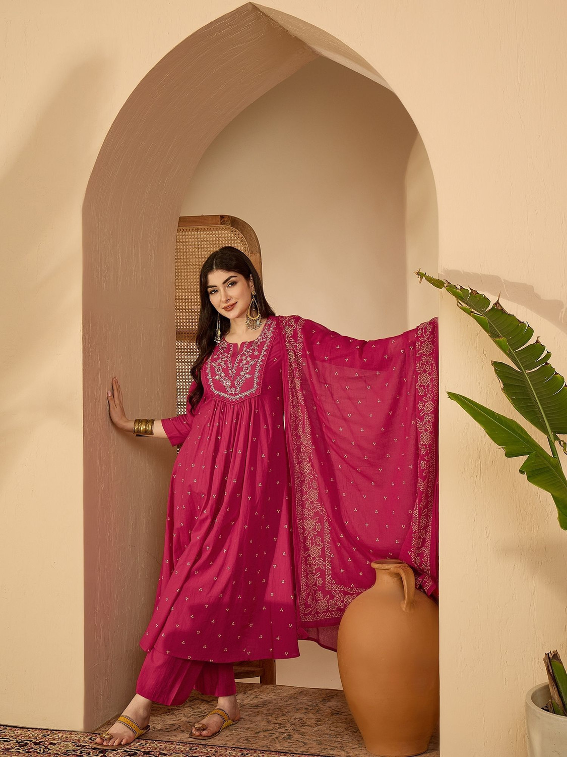 Image of KHALISH Polka Print Anarkali Kurta, Bottom & Dupatta Set