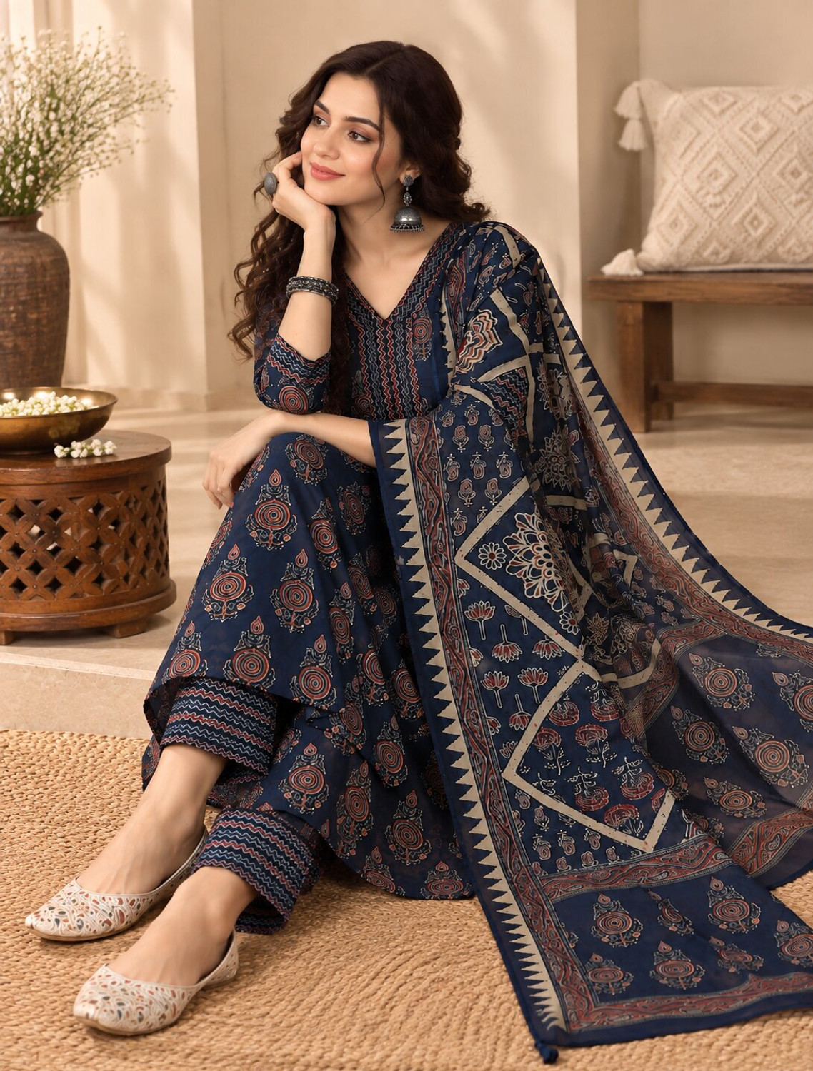 Image of Oumad Printed Kurta, Palazzo & Dupatta Set