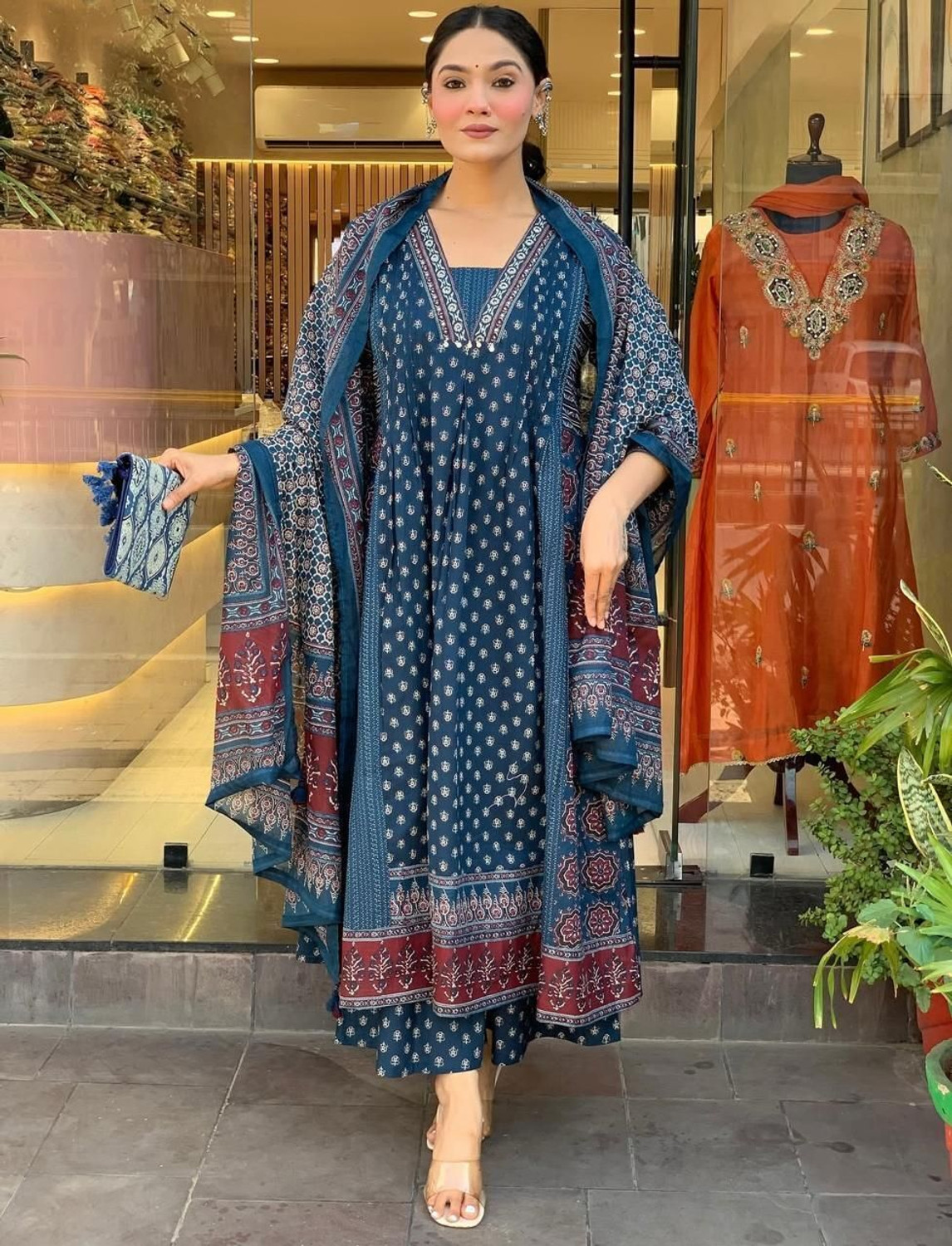 Image of Apparelia Printed Anarkali Kurta, Bottom & Dupatta Set