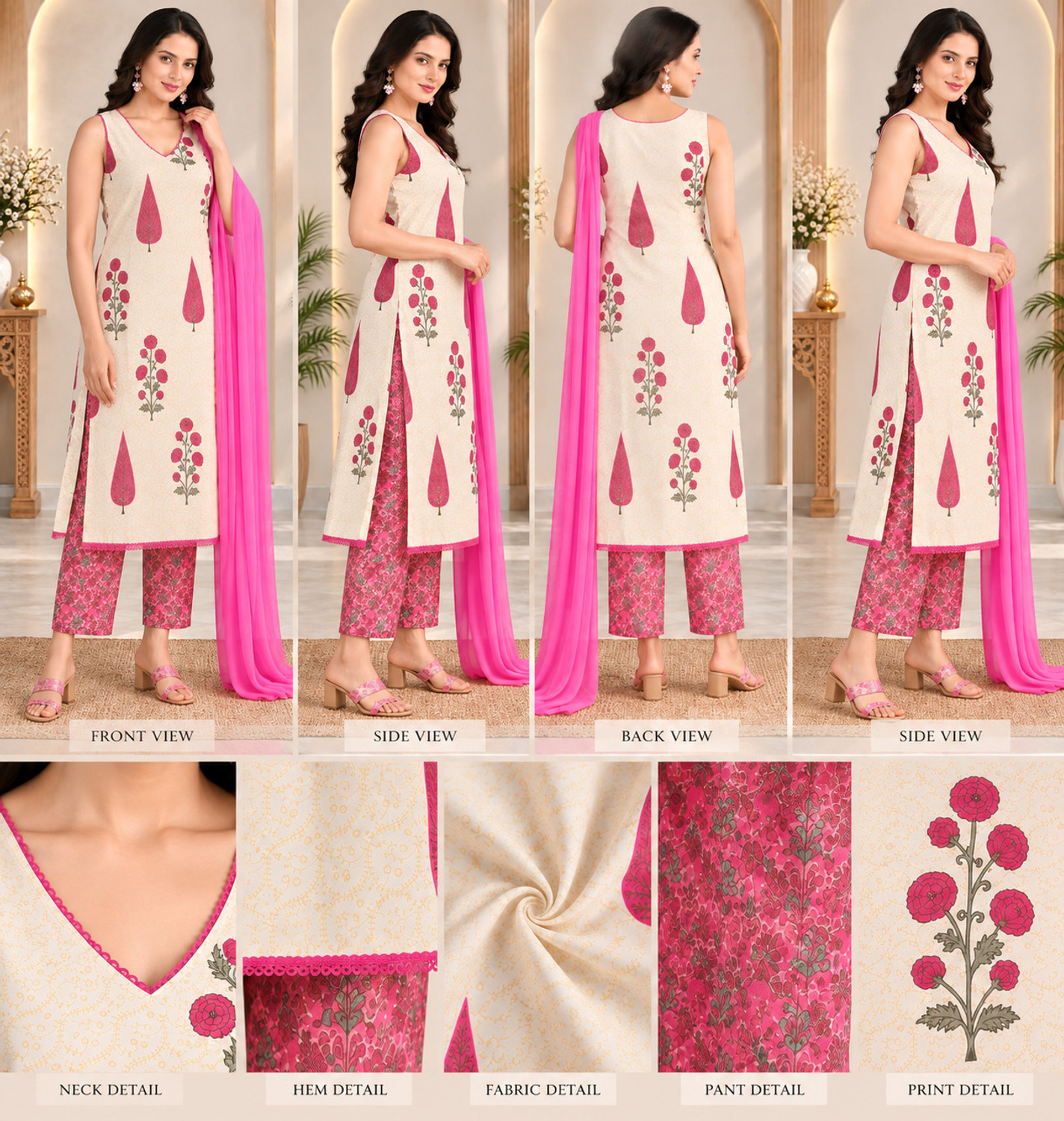 Image of KANIYANSH CREATION Floral Print Kurta, Trouser /Pant & Dupatta Set