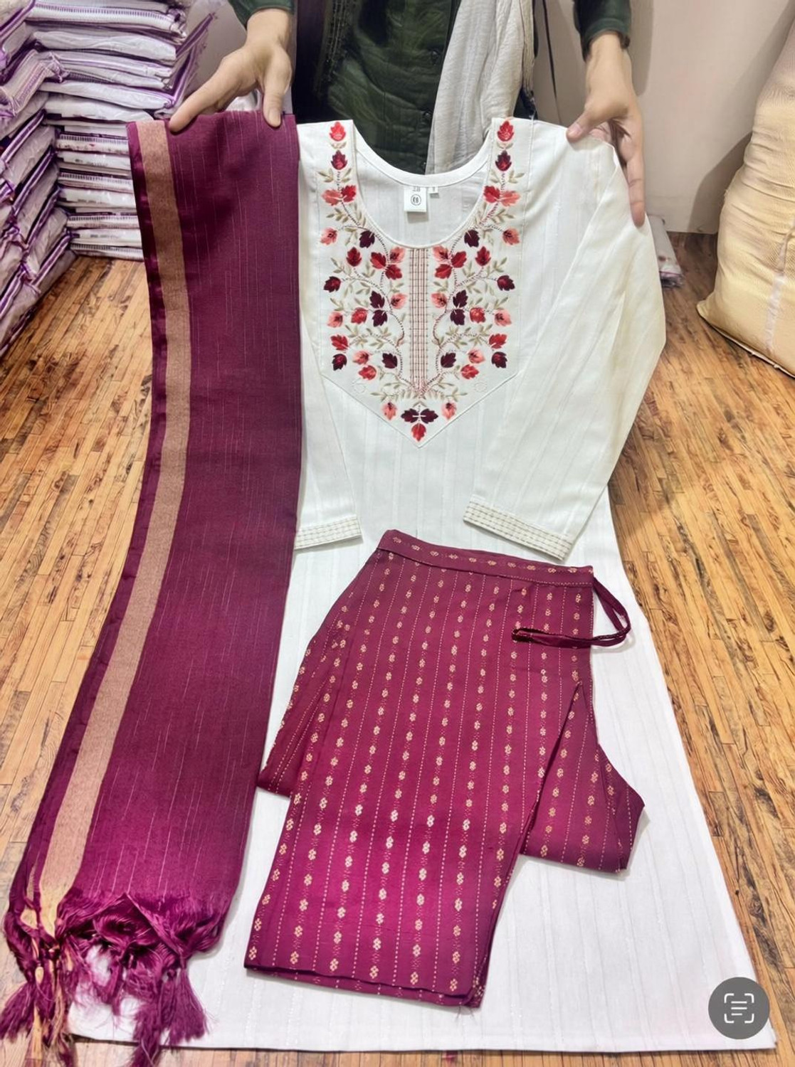 Image of UMI CREATION Embwhite Embroidered Kurta, Trouser /Pant & Dupatta Set
