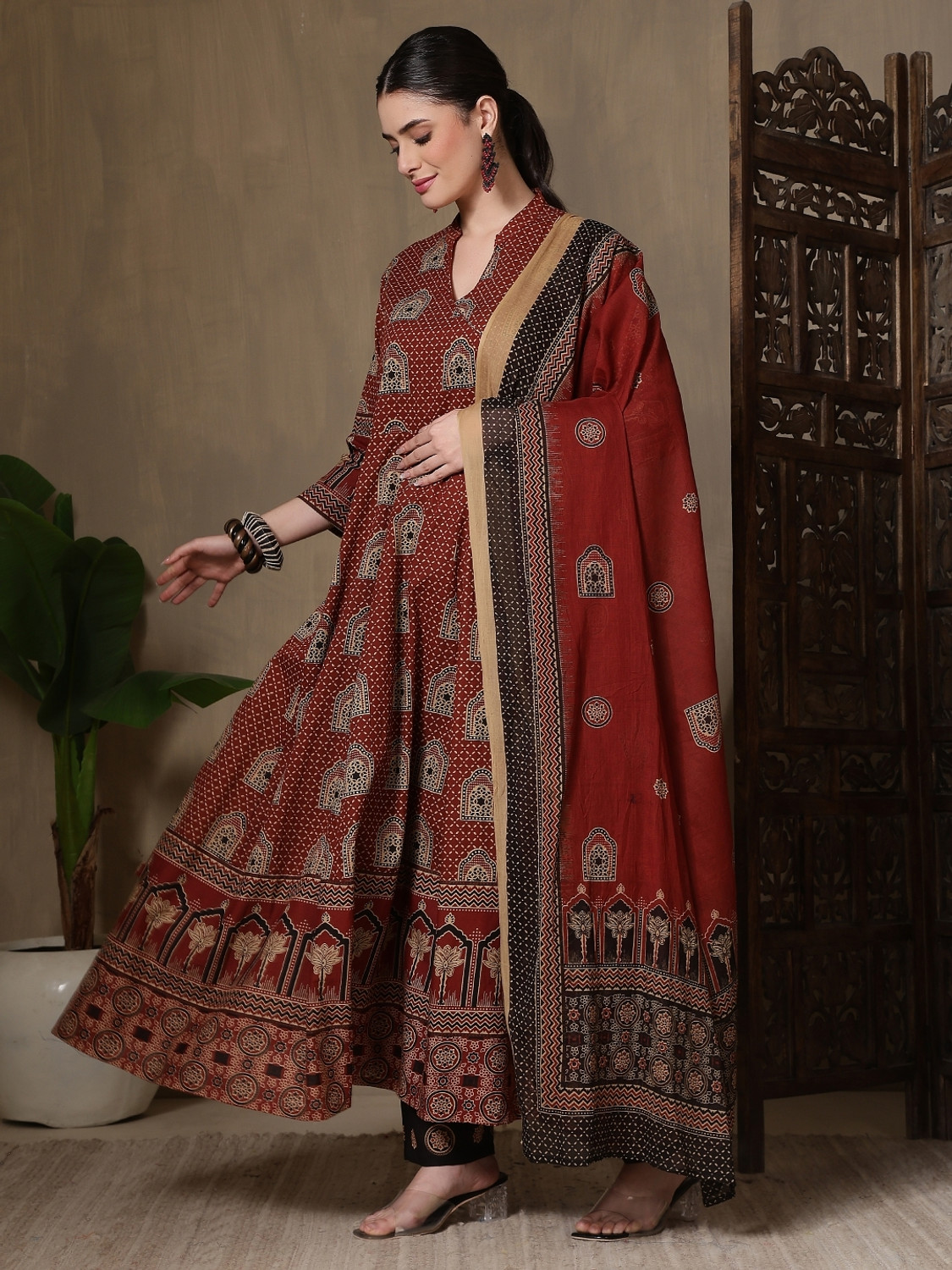 Image of KALPHEM Printed Anarkali Kurta, Bottom & Dupatta Set